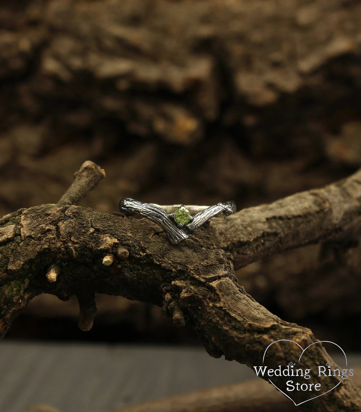 Tiny Twig Peridot Silver Chevron Engagement Ring