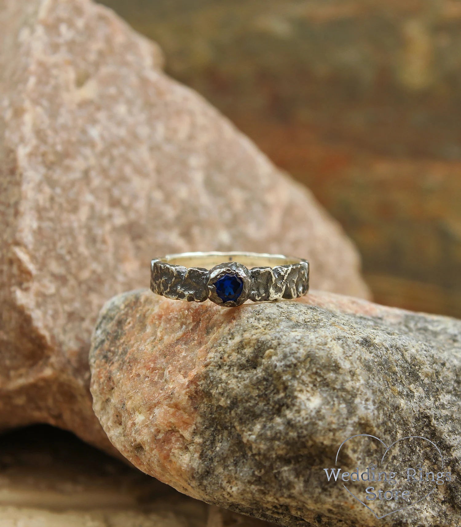 Sapphire Women's & Men's Hammered Sterling Silver Ring