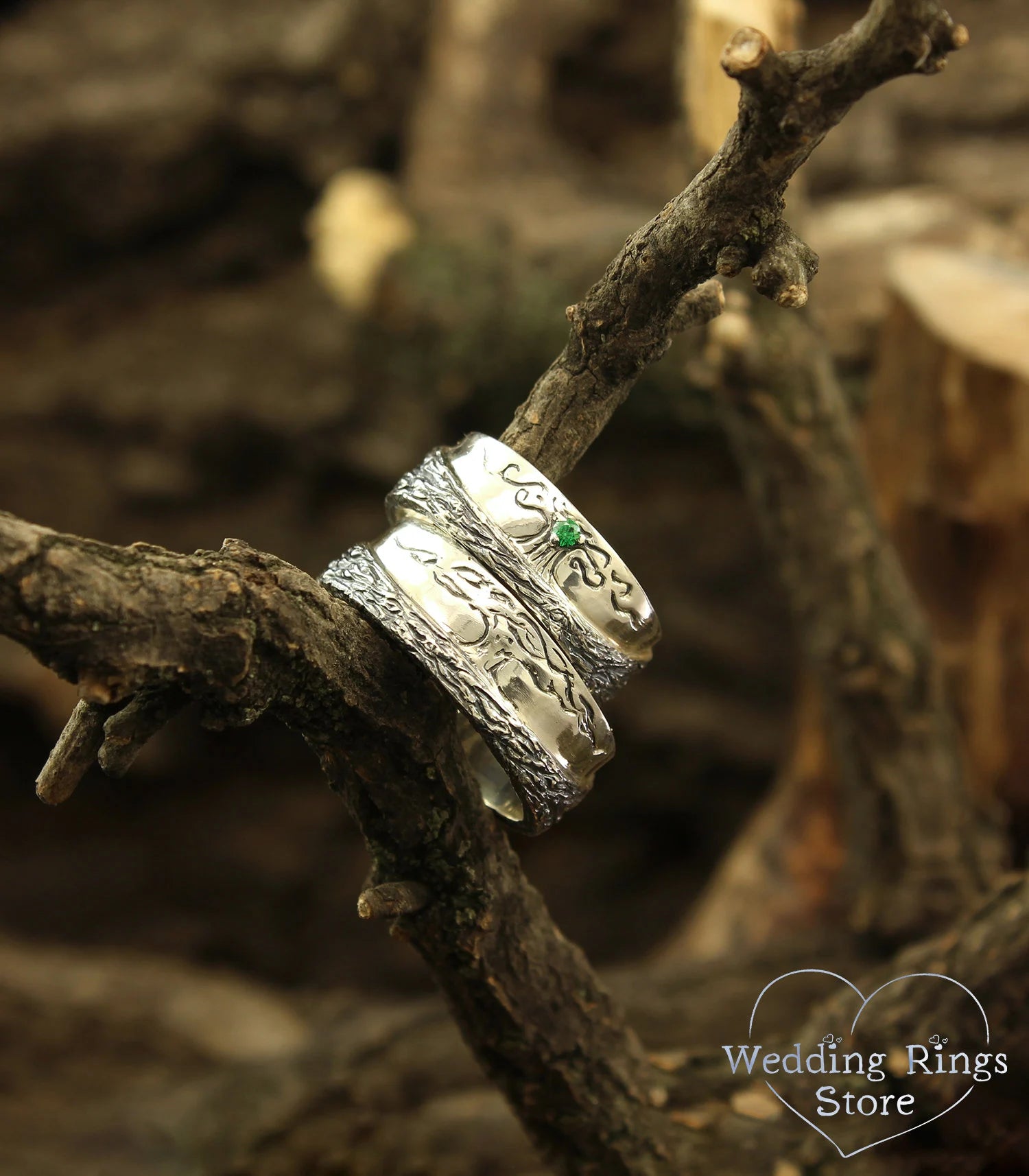 Family Tree matching Wedding Bands with Emerald