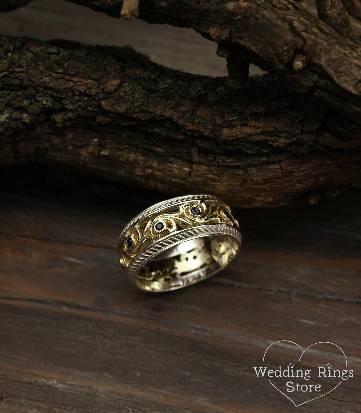 Vine and Sapphires Mixed metals Wedding Ring