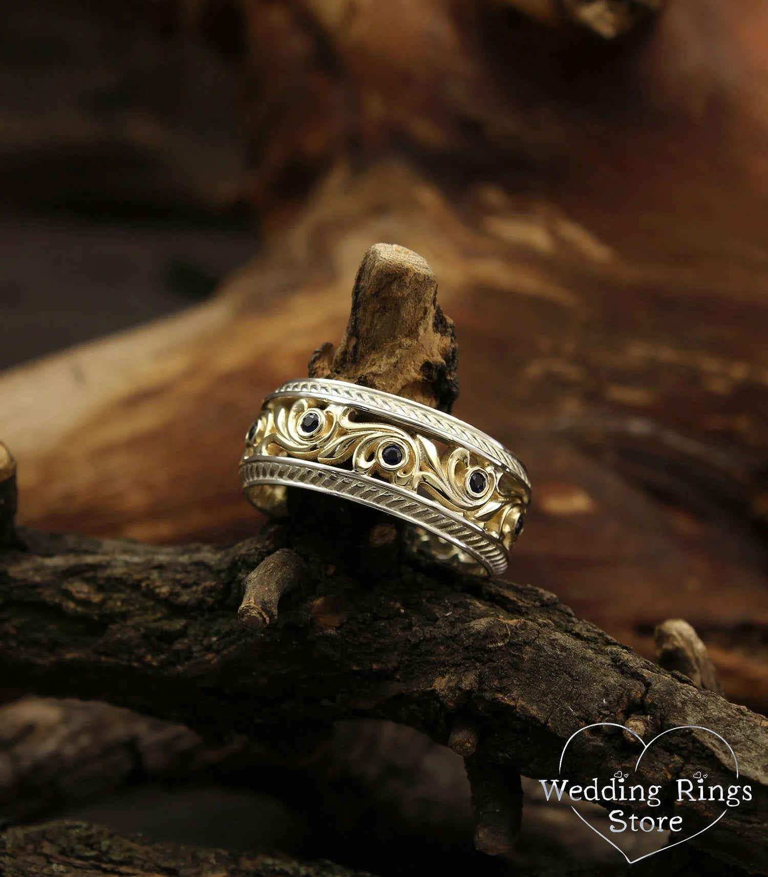 Vine and Sapphires Mixed metals Wedding Ring