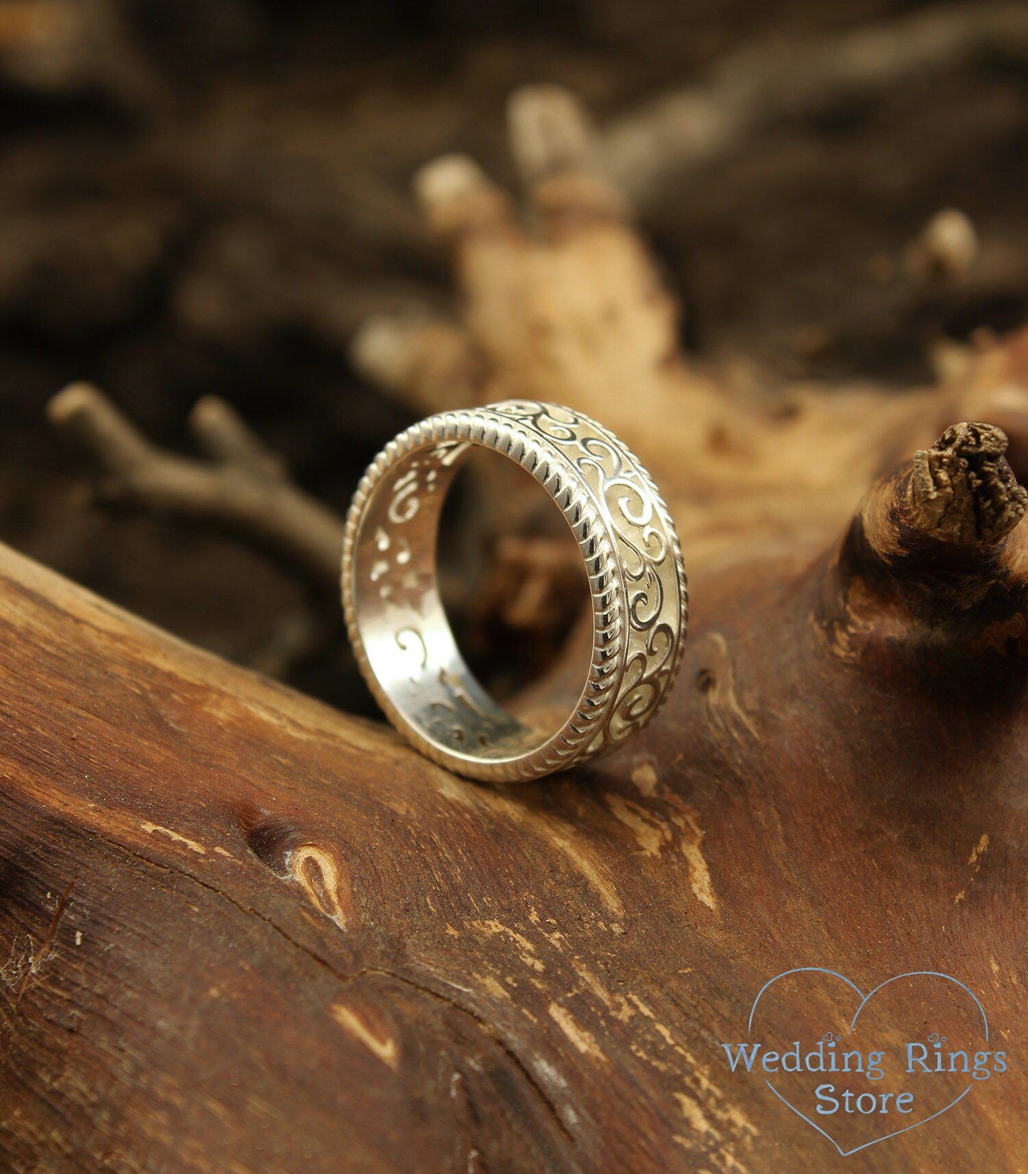 Vine and Filigree Unique Old-Fashioned Silver Wedding Ring