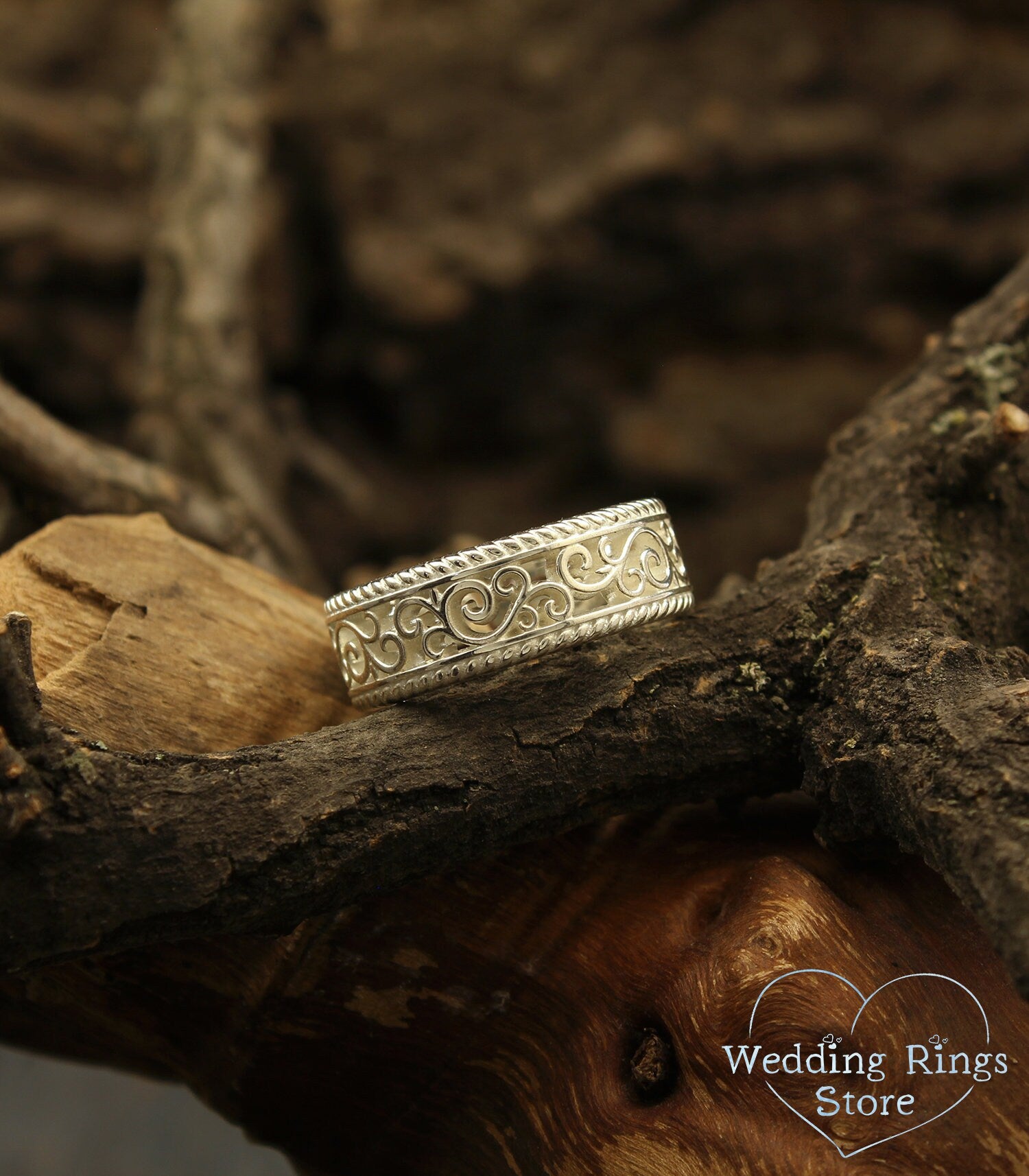 Vine and Filigree Unique Old-Fashioned Silver Wedding Ring