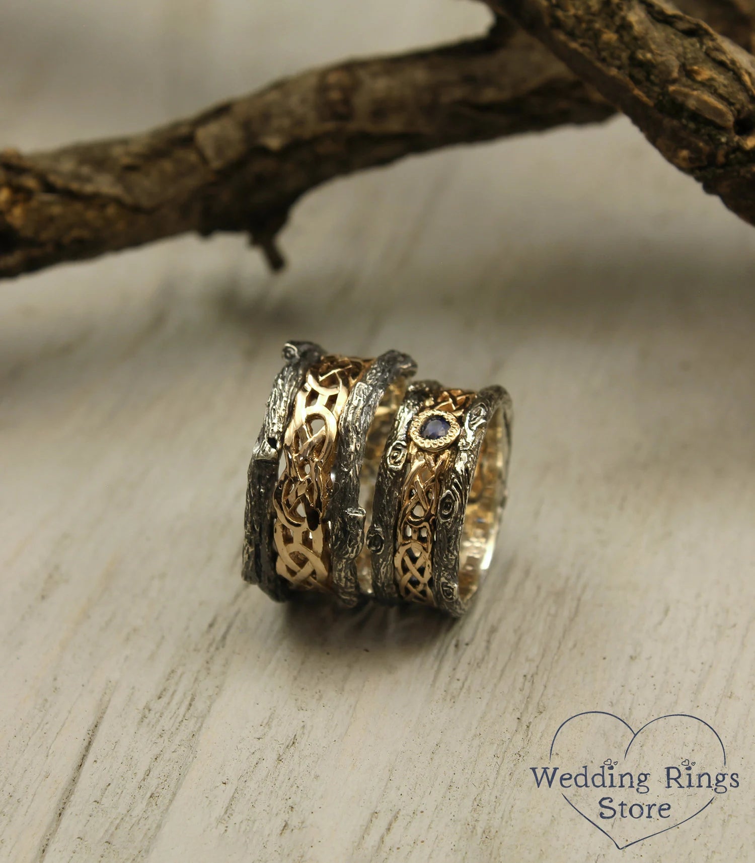 Celtic pattern and Tree bark matching Wedding Bands with Sapphire