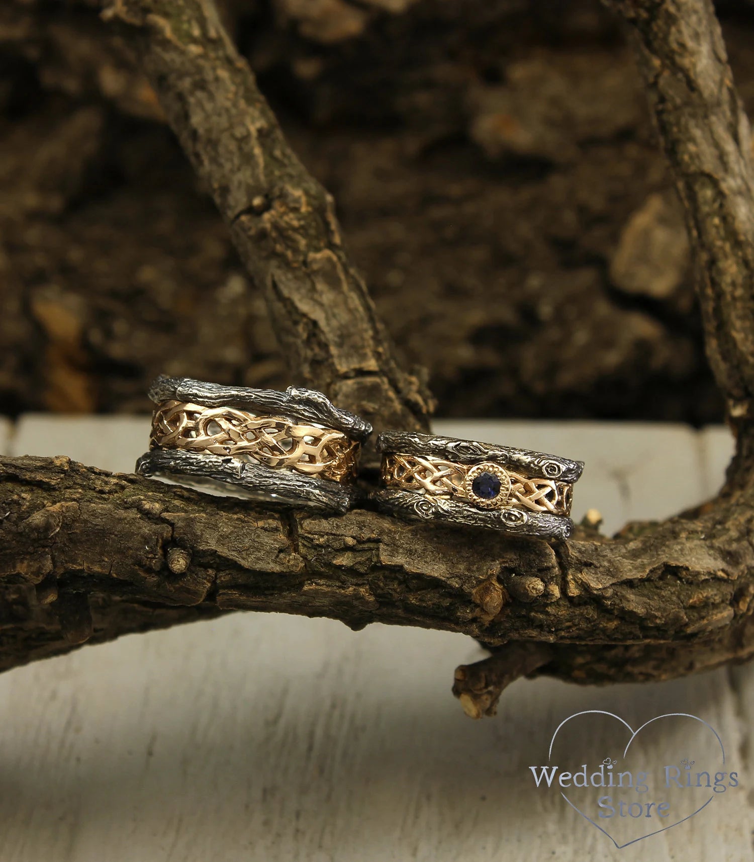 Celtic pattern and Tree bark matching Wedding Bands with Sapphire