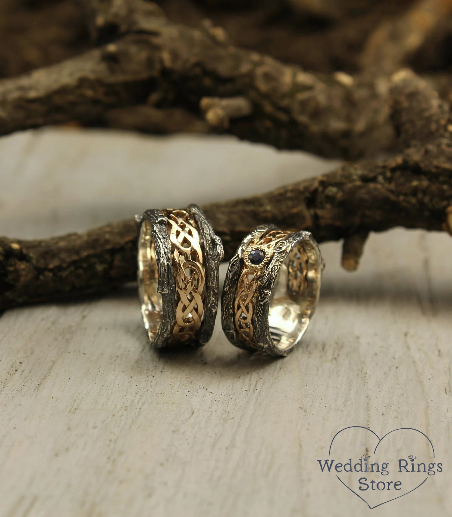 Celtic pattern and Tree bark matching Wedding Bands with Sapphire