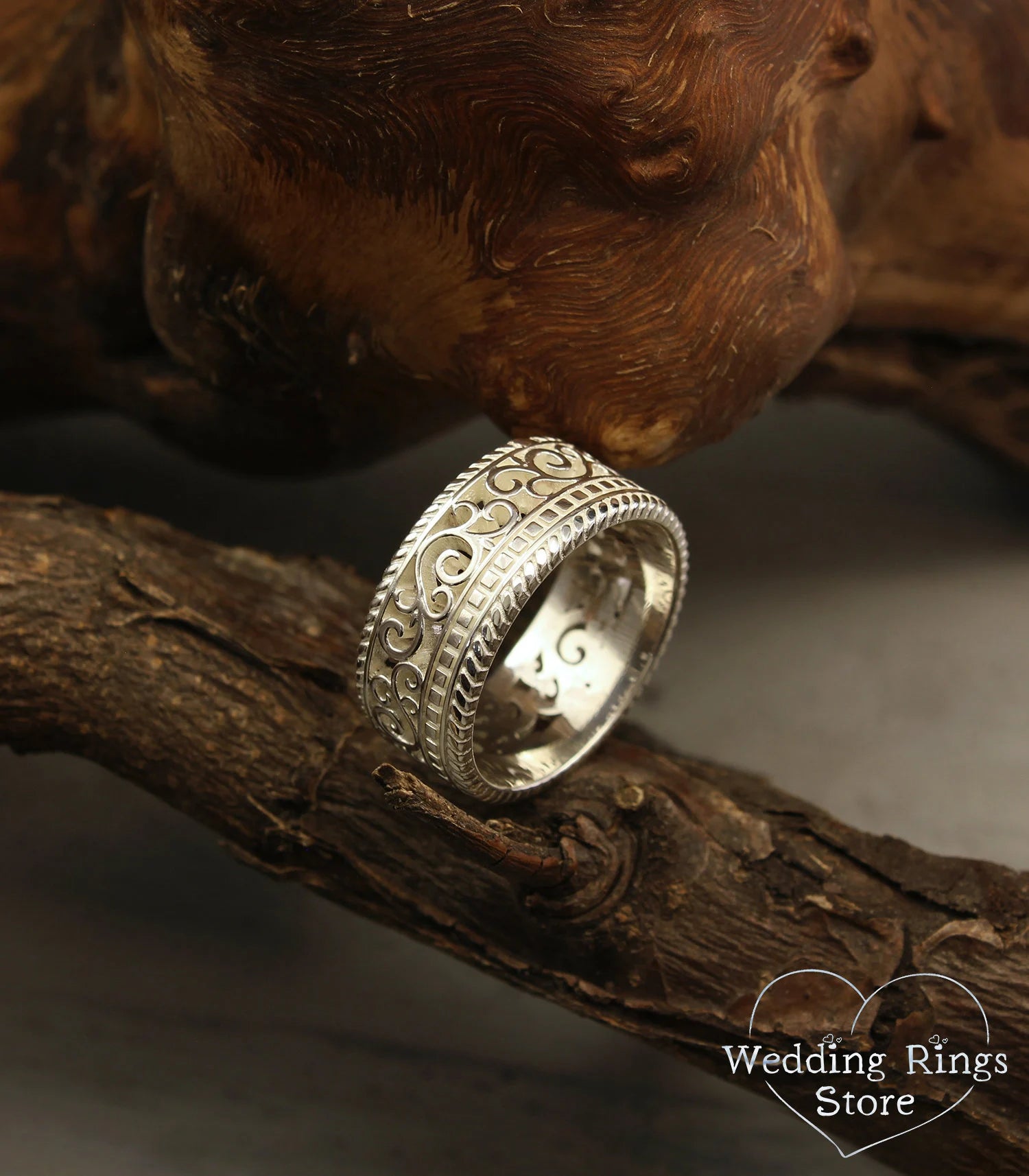 Men's Silver Vine and Filigree Wedding Band in Medieval style