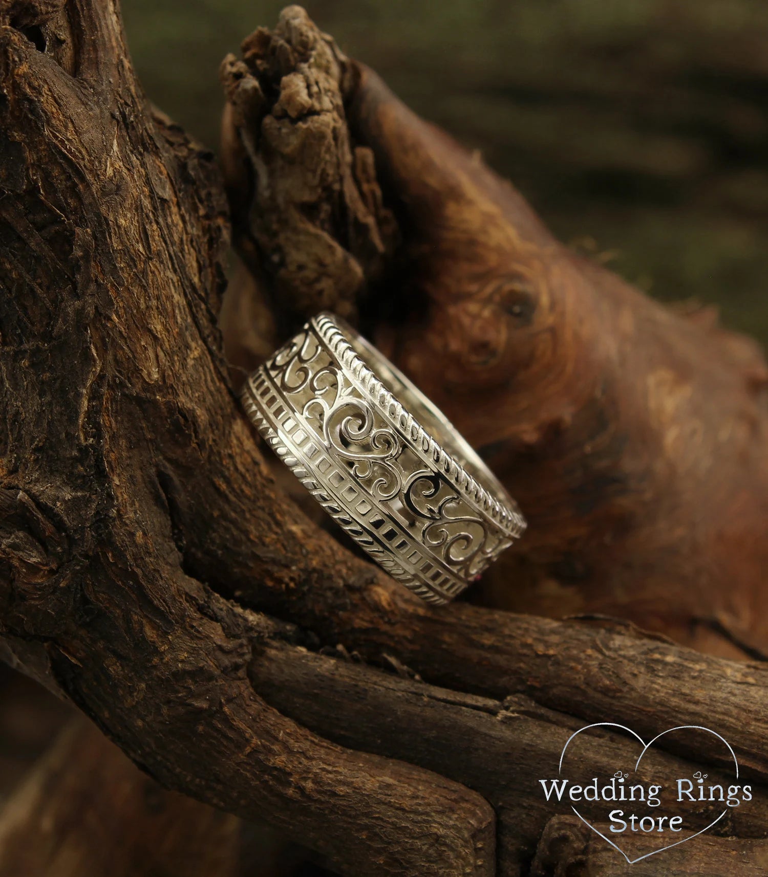 Men's Silver Vine and Filigree Wedding Band in Medieval style