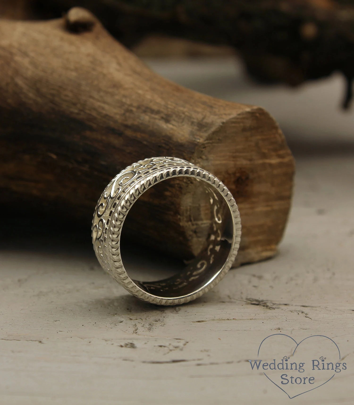 Men's Silver Vine and Filigree Wedding Band in Medieval style