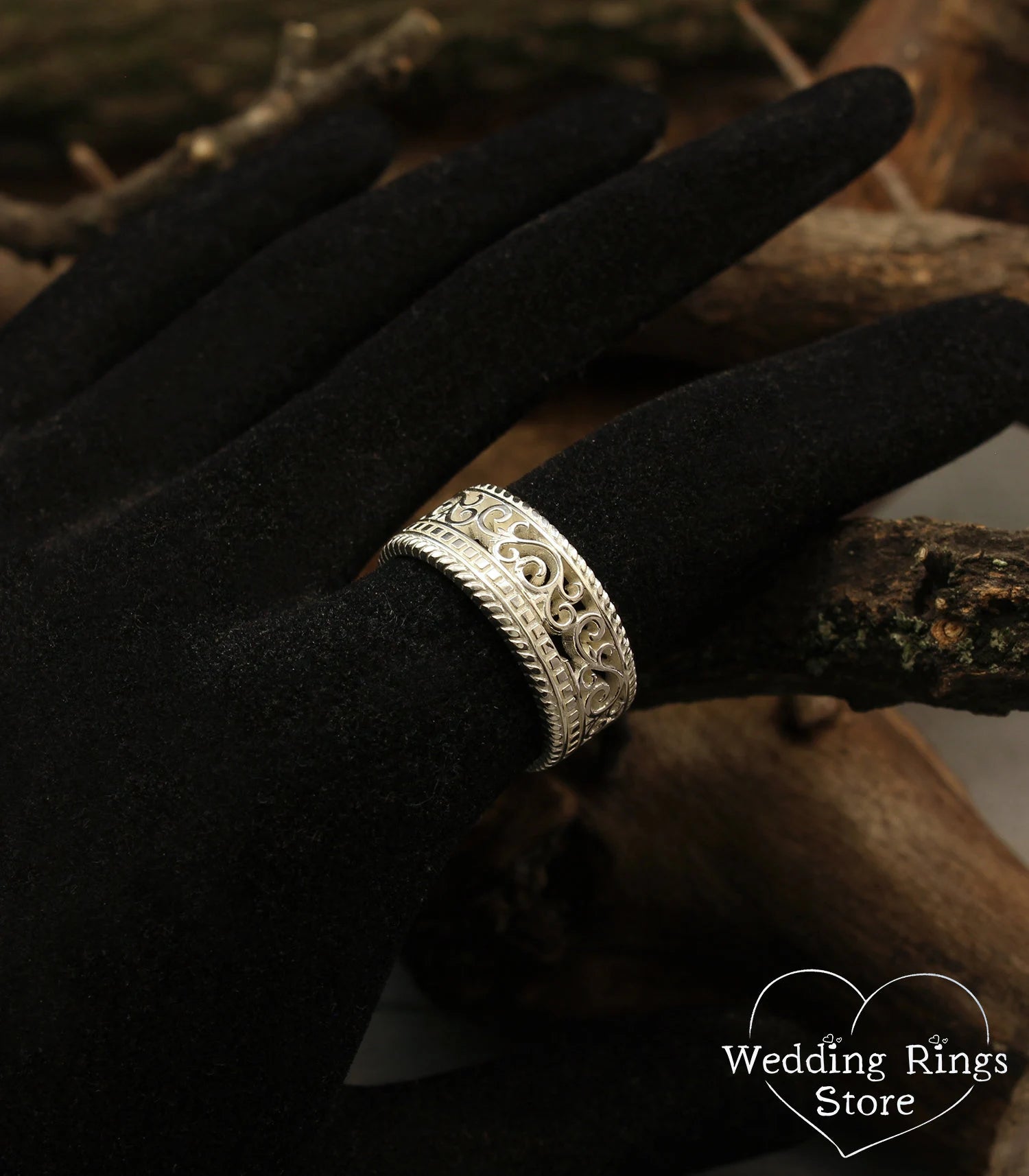 Men's Silver Vine and Filigree Wedding Band in Medieval style