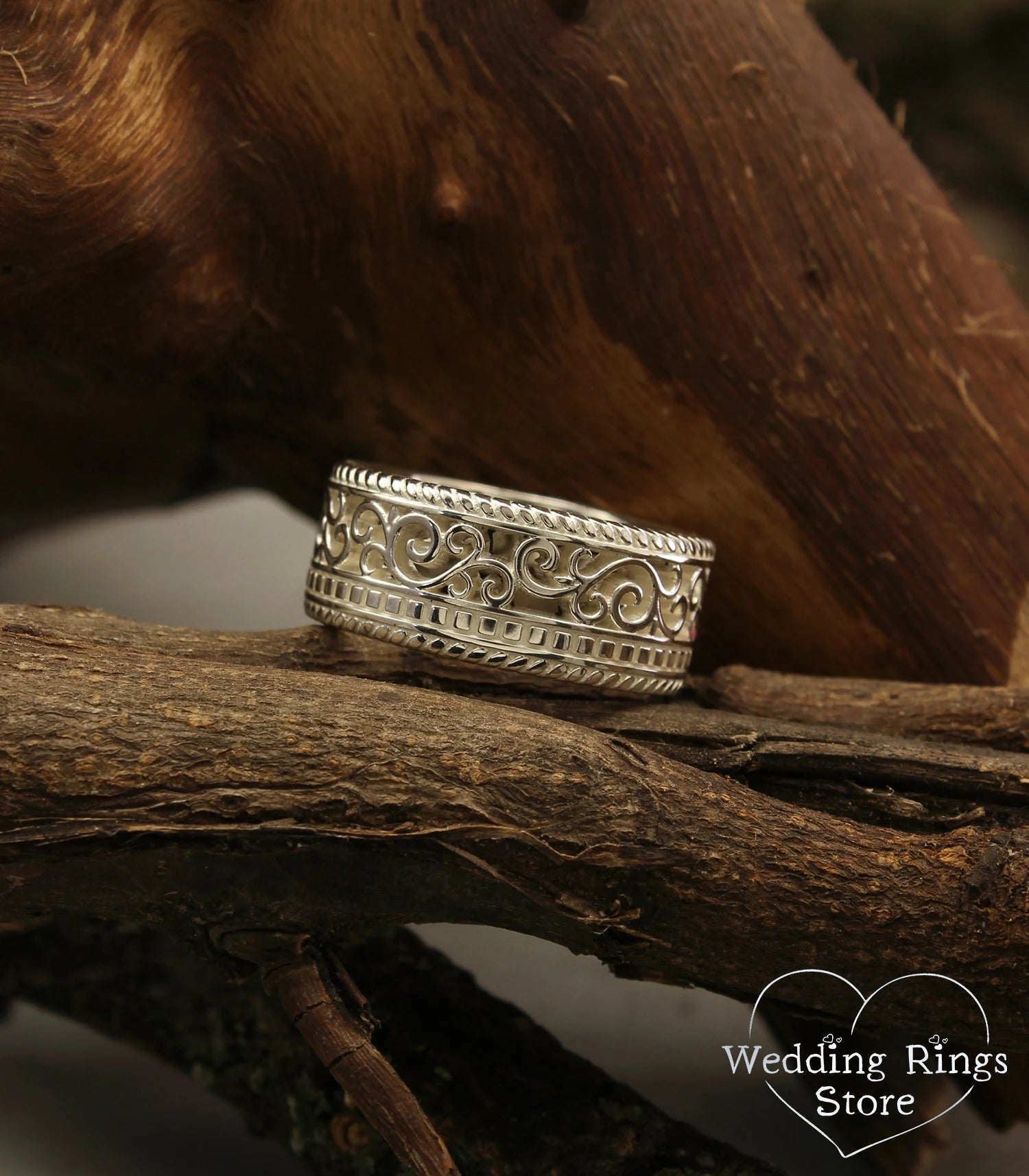 Men's Silver Vine and Filigree Wedding Band in Medieval style