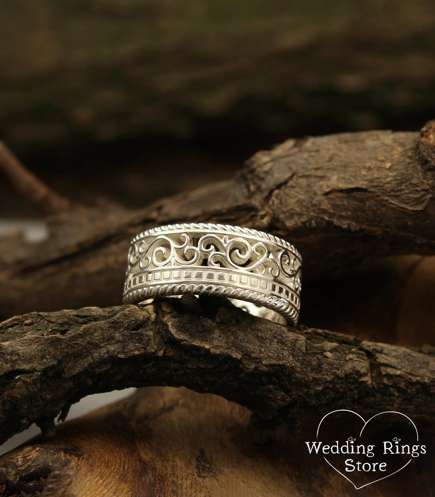 Men's Silver Vine and Filigree Wedding Band in Medieval style