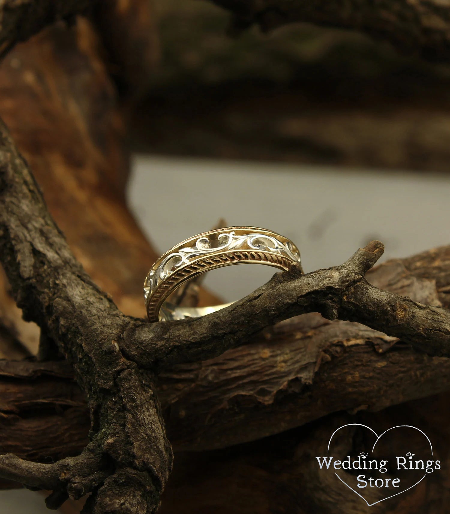 Vintage Vine and Filigree Wedding Band in Silver and 14k Yellow Gold