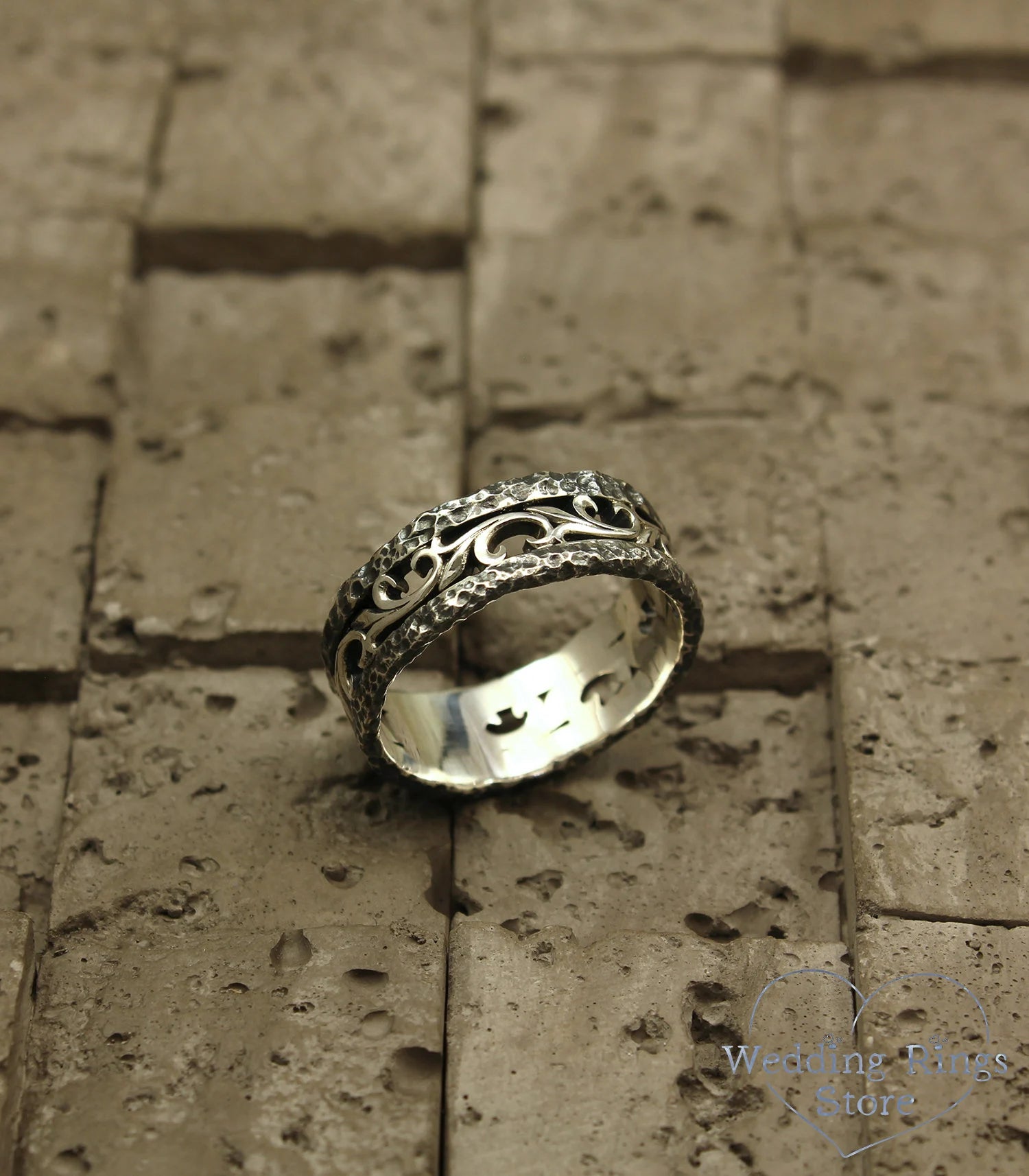 Hammered Wedding Band Vintage style Vine & Rocky Silver