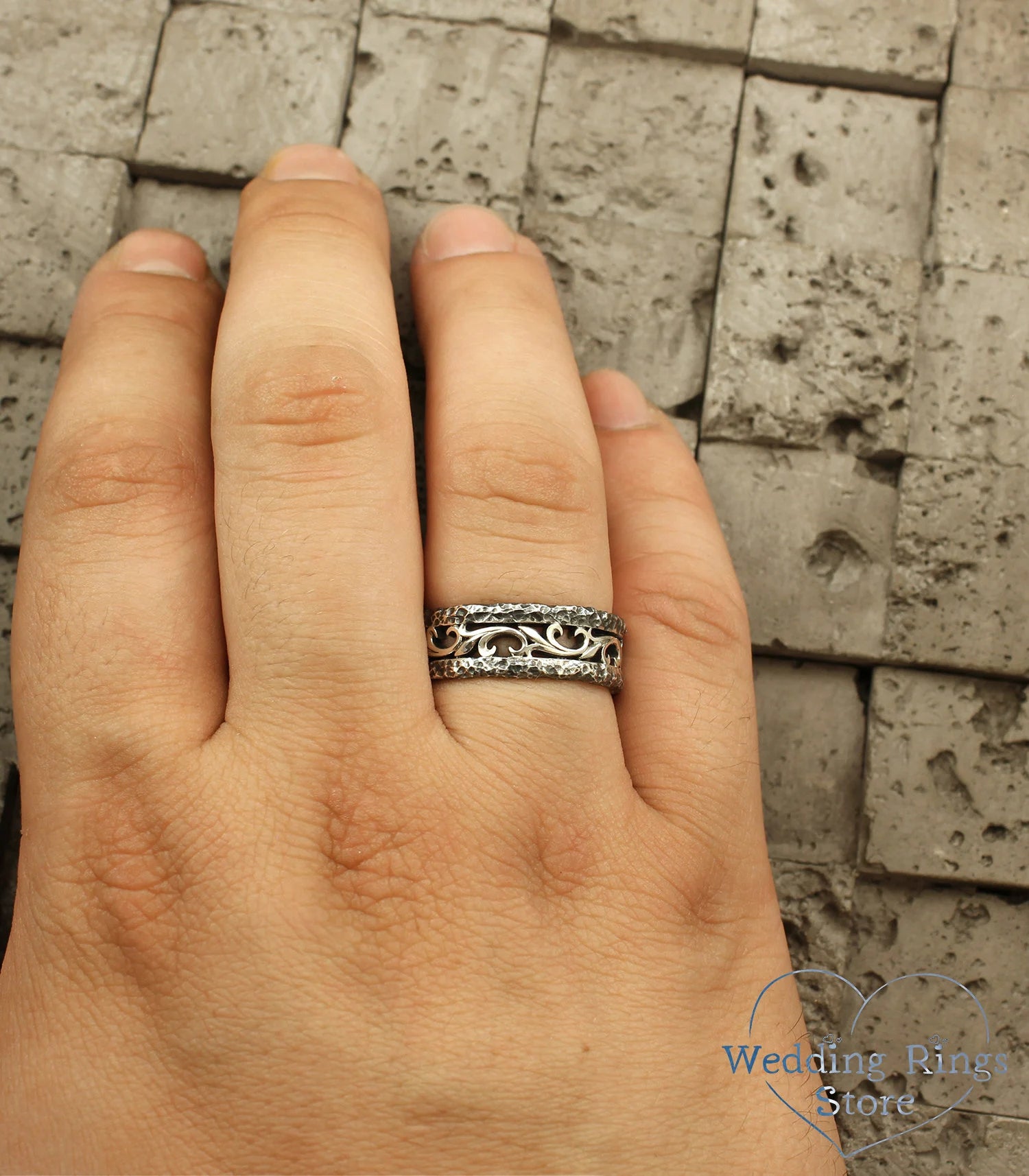 Hammered Wedding Band Vintage style Vine & Rocky Silver