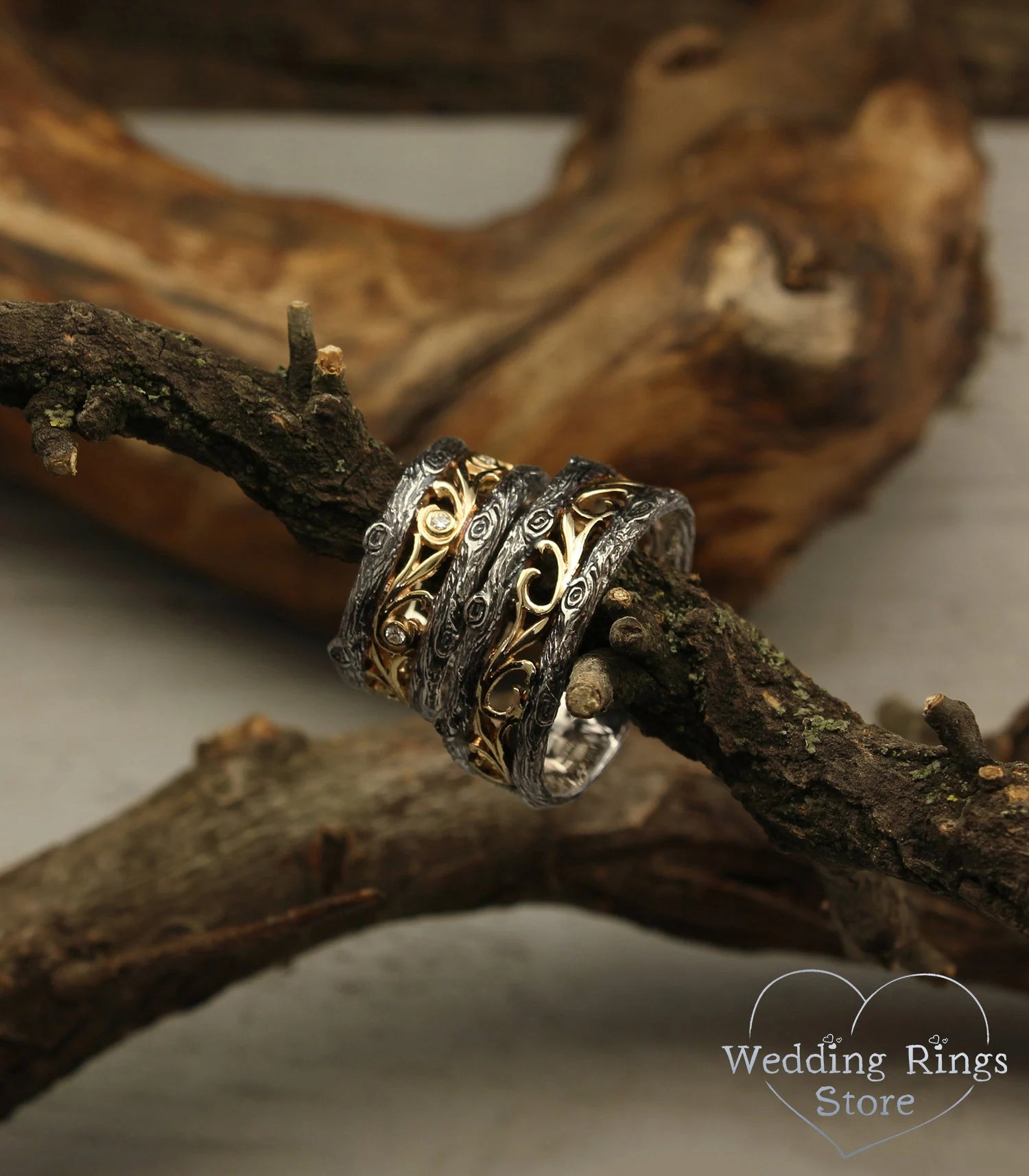 Tree styled Diamond and Vine Wedding Bands Set in Mixed metals