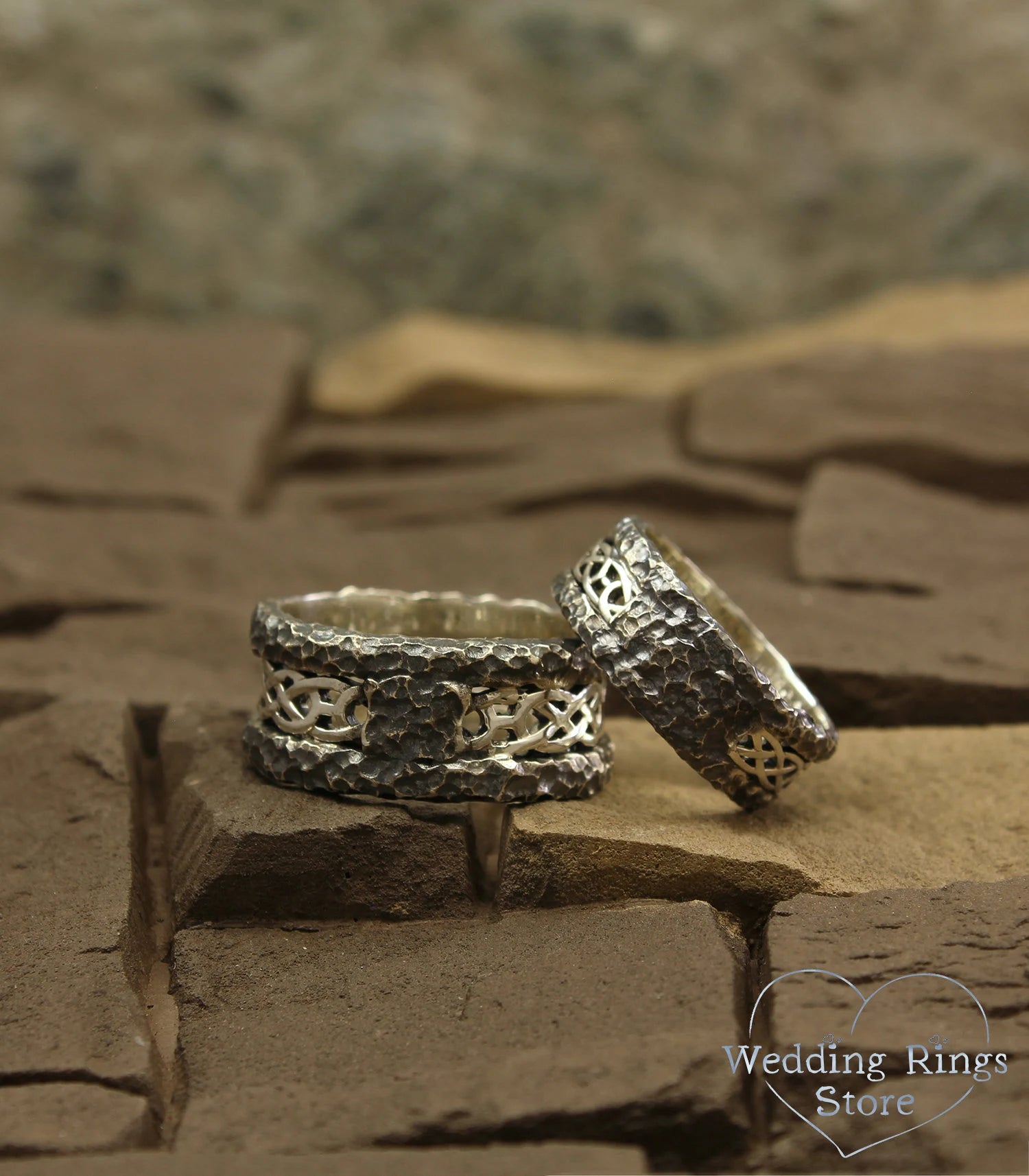 Hammered Matching Celtic Wedding Bands in 925 Silver