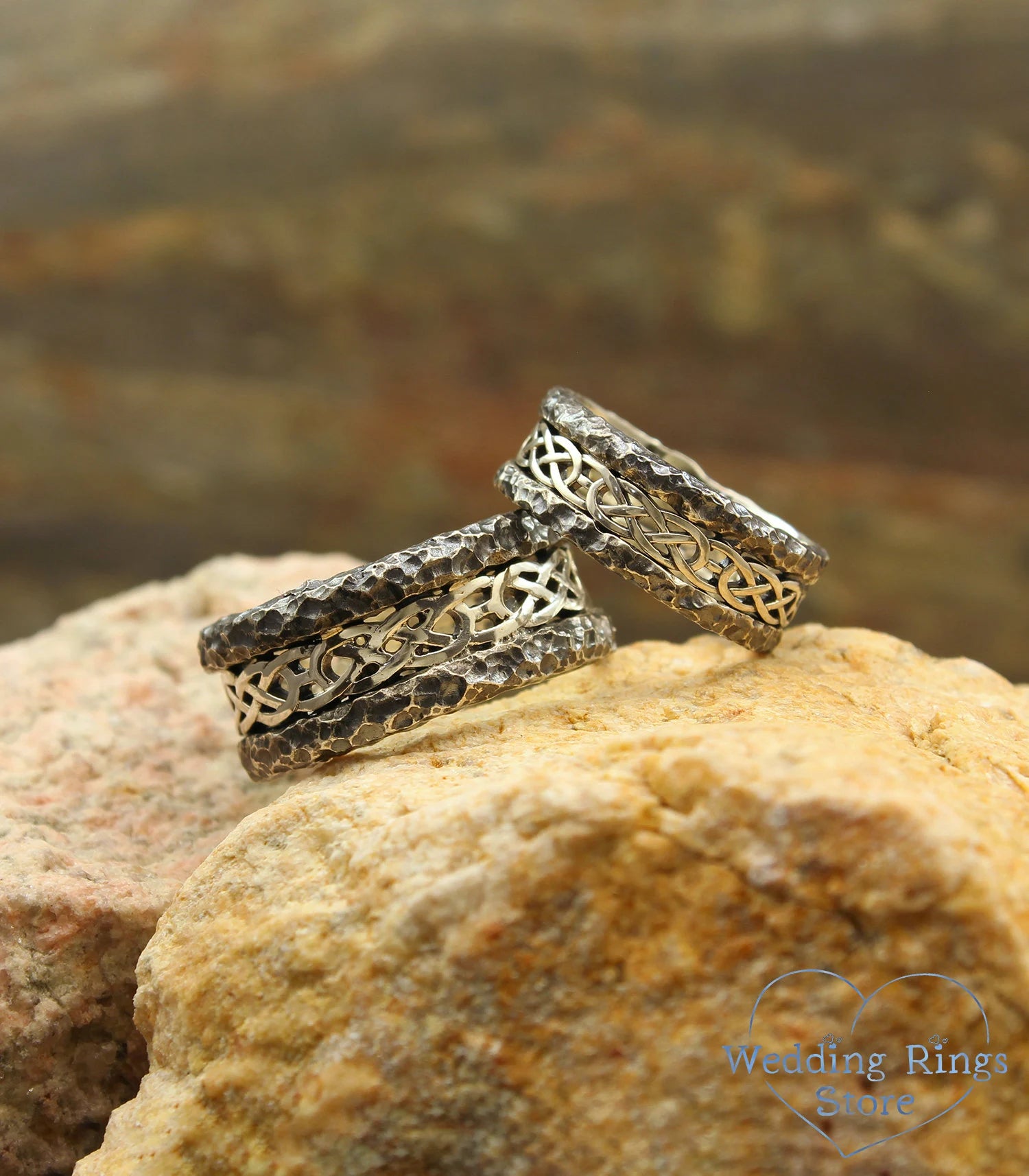 Hammered Matching Celtic Wedding Bands in 925 Silver