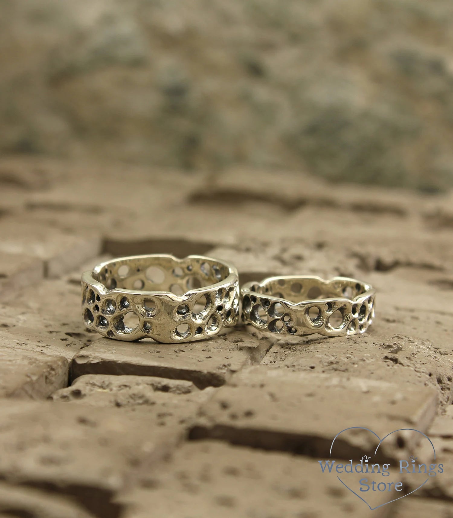 Unusual Holes Silver Ocean Wedding Bands Set