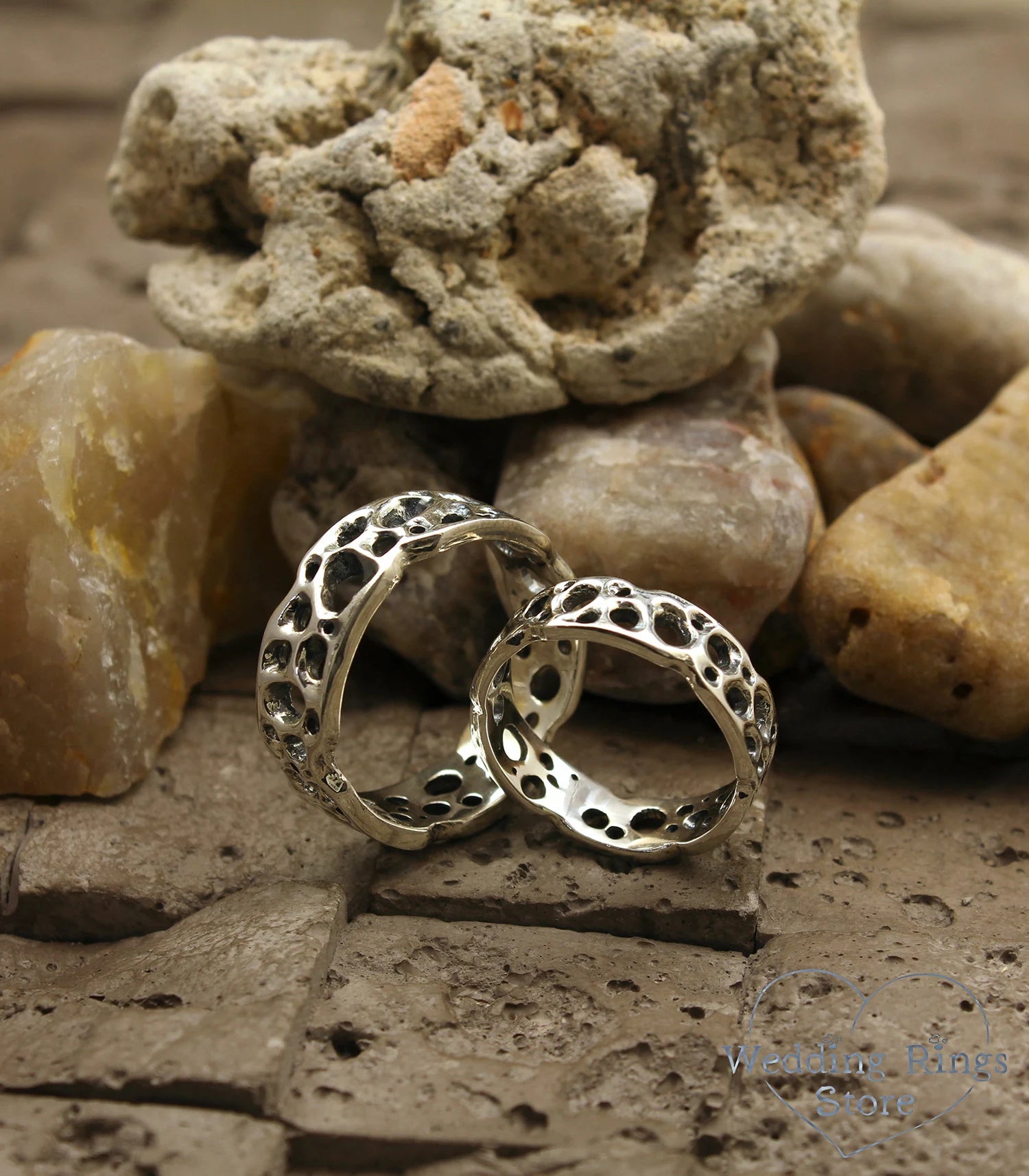 Unusual Holes Silver Ocean Wedding Bands Set