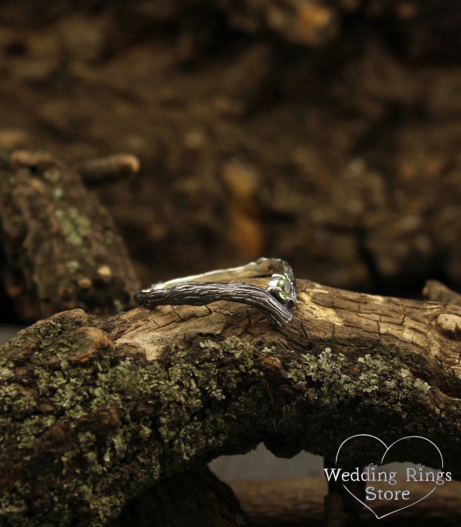 Tiny Twig Peridot Silver Chevron Engagement Ring