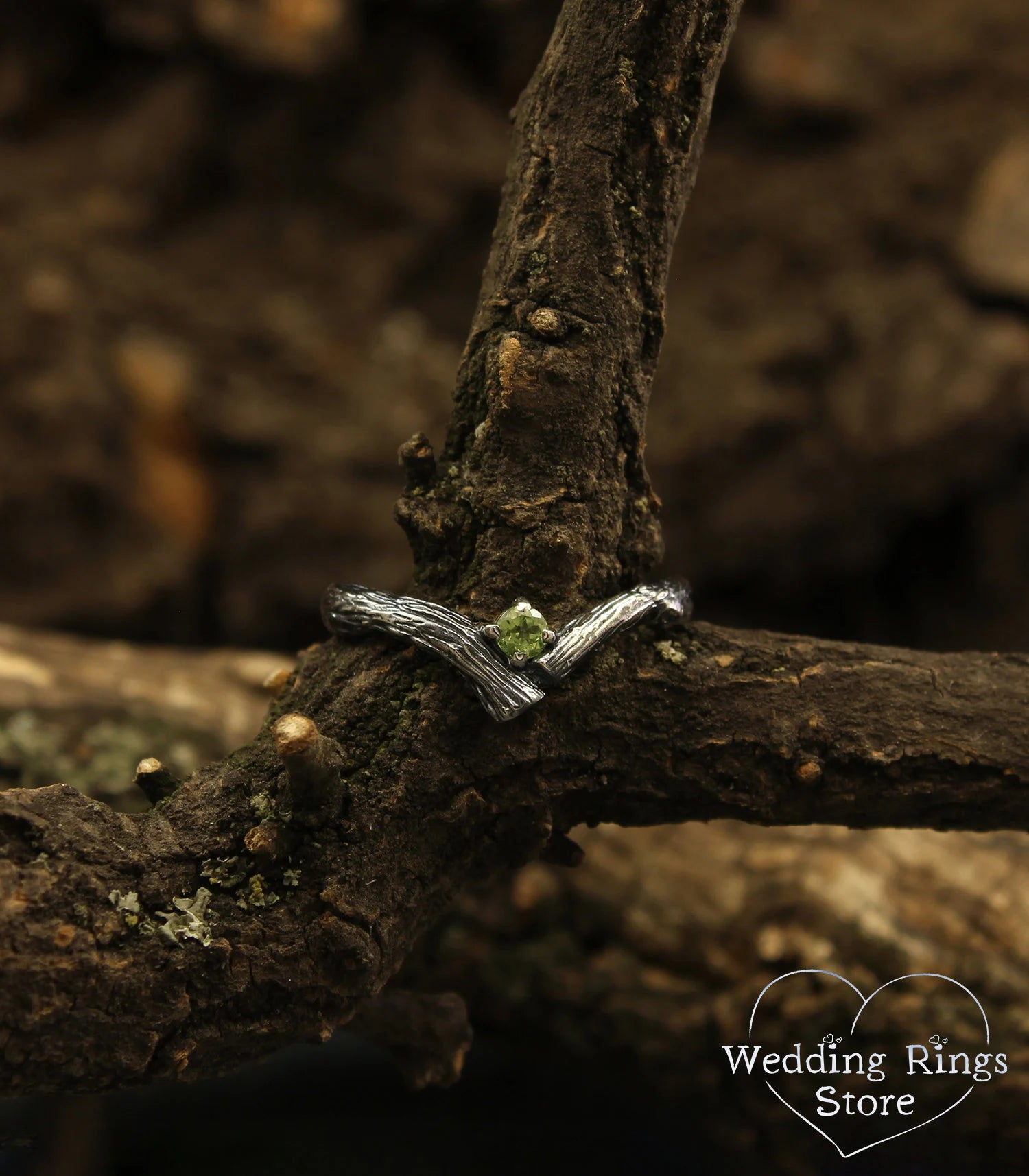 Tiny Twig Peridot Silver Chevron Engagement Ring