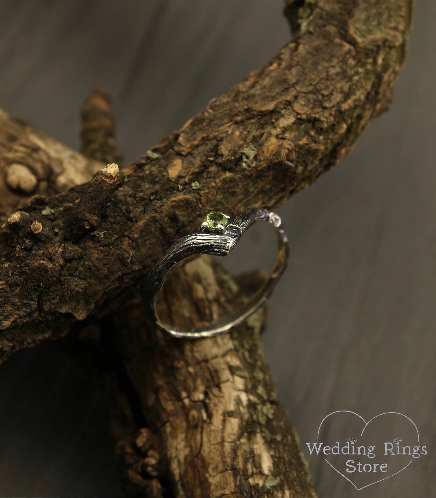 Tiny Twig Peridot Silver Chevron Engagement Ring