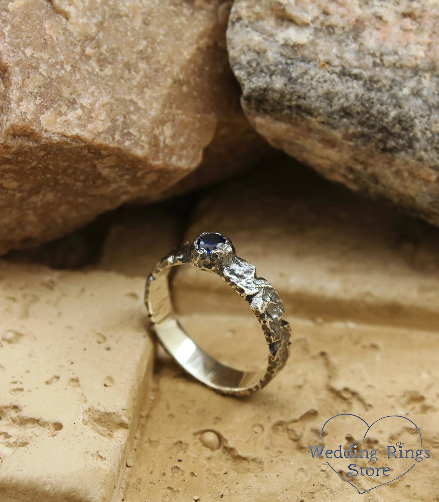 Sapphire Women's & Men's Hammered Sterling Silver Ring