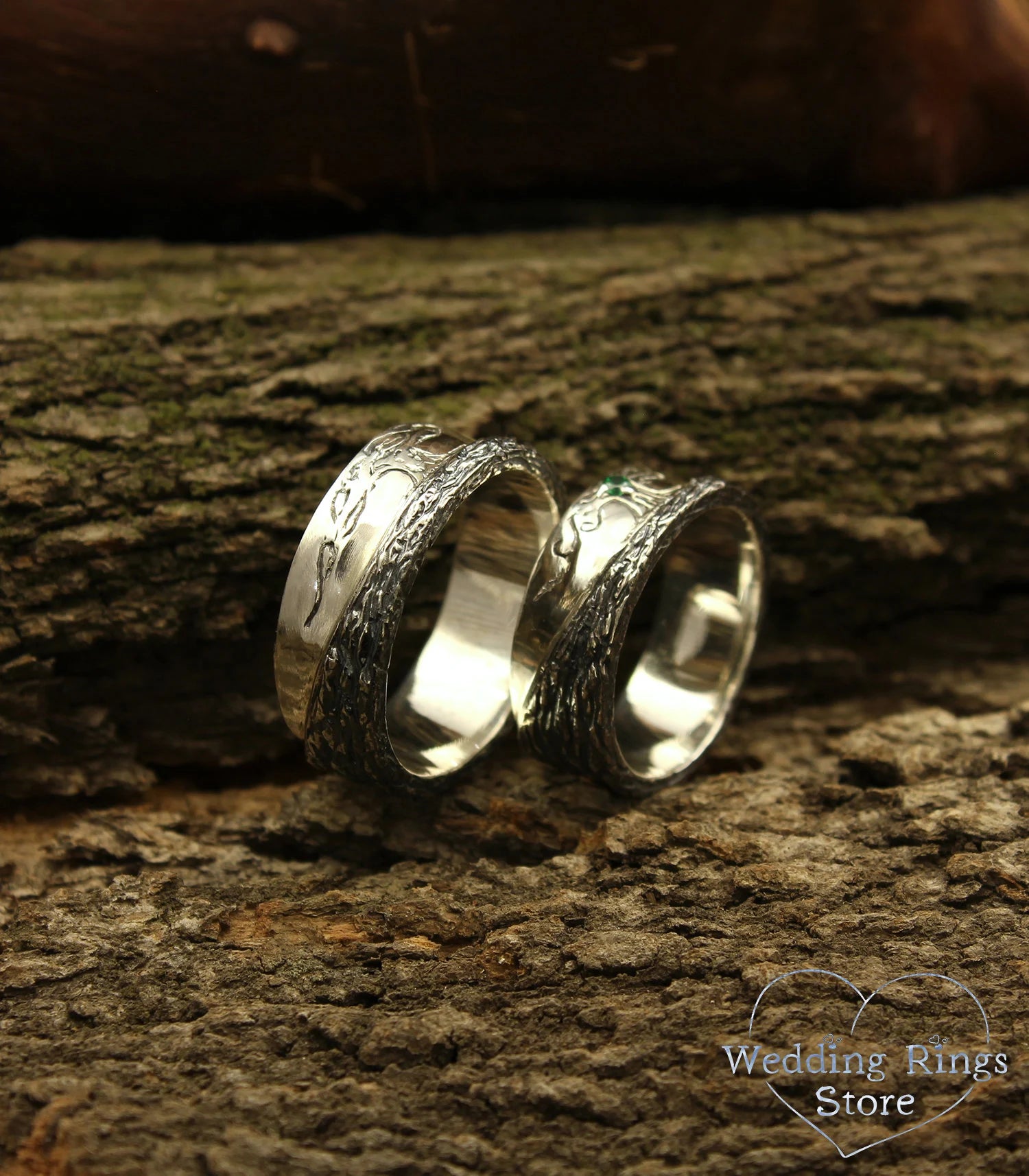 Family Tree matching Wedding Bands with Emerald