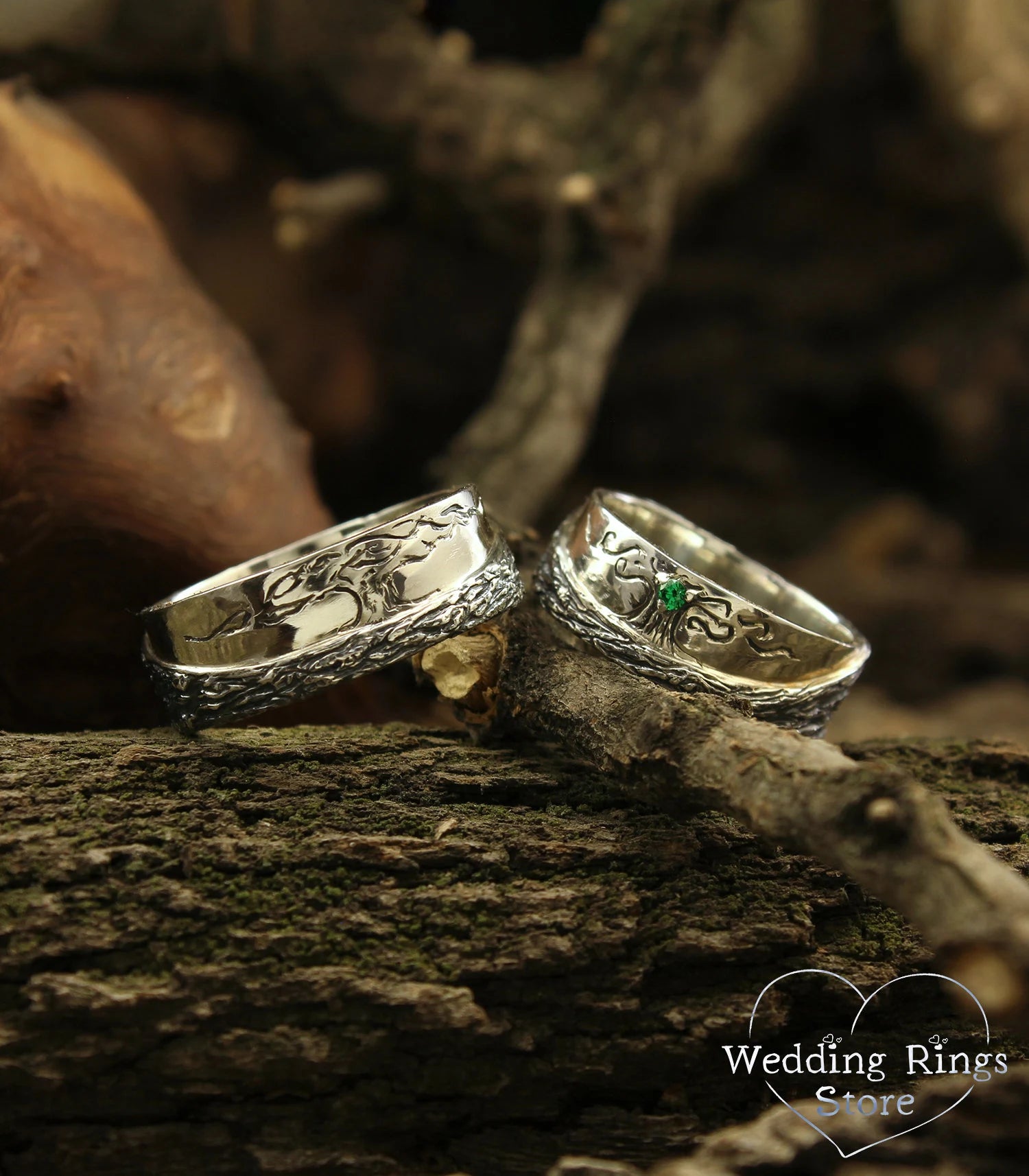 Family Tree matching Wedding Bands with Emerald