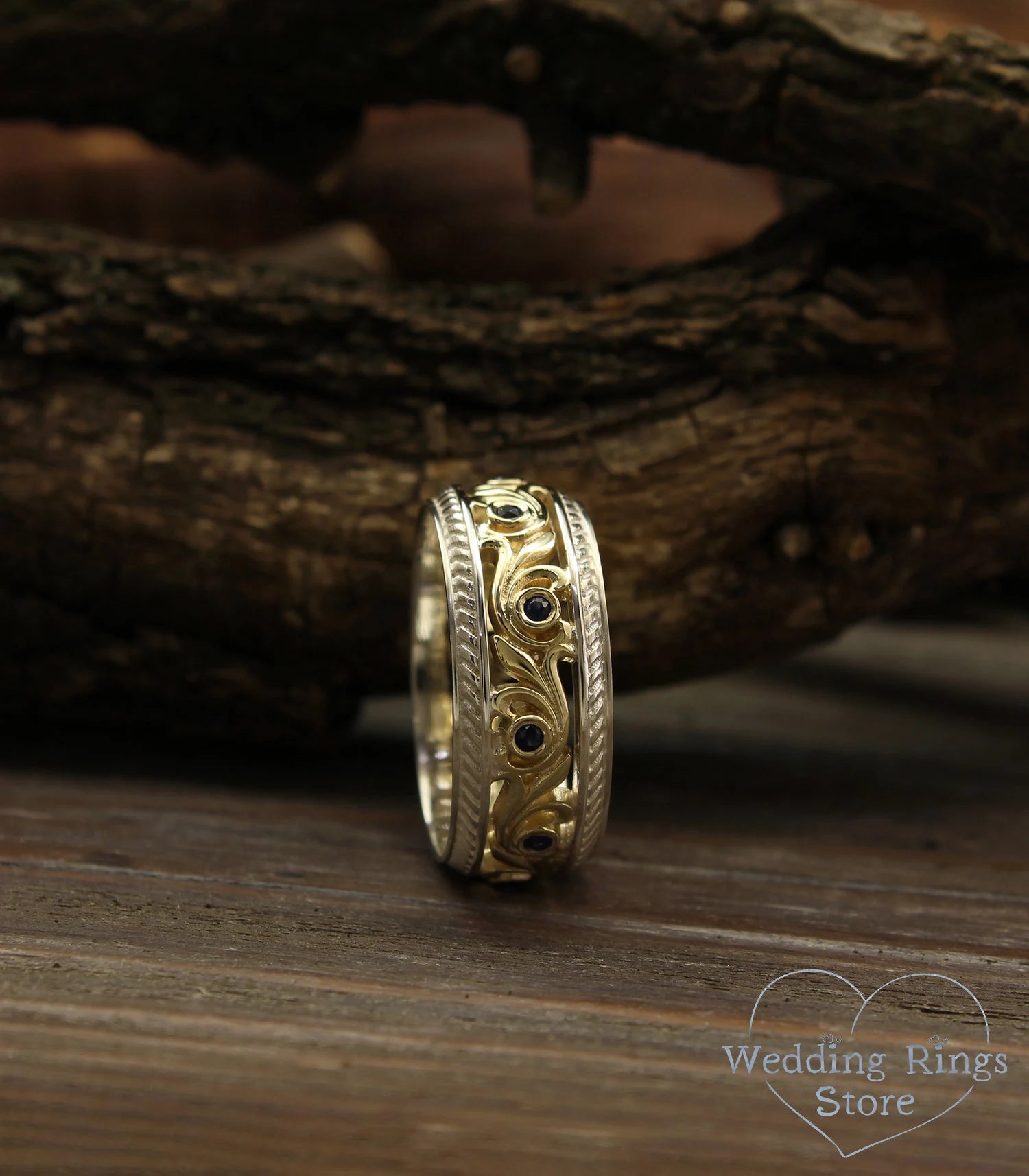 Vine and Sapphires Mixed metals Wedding Ring