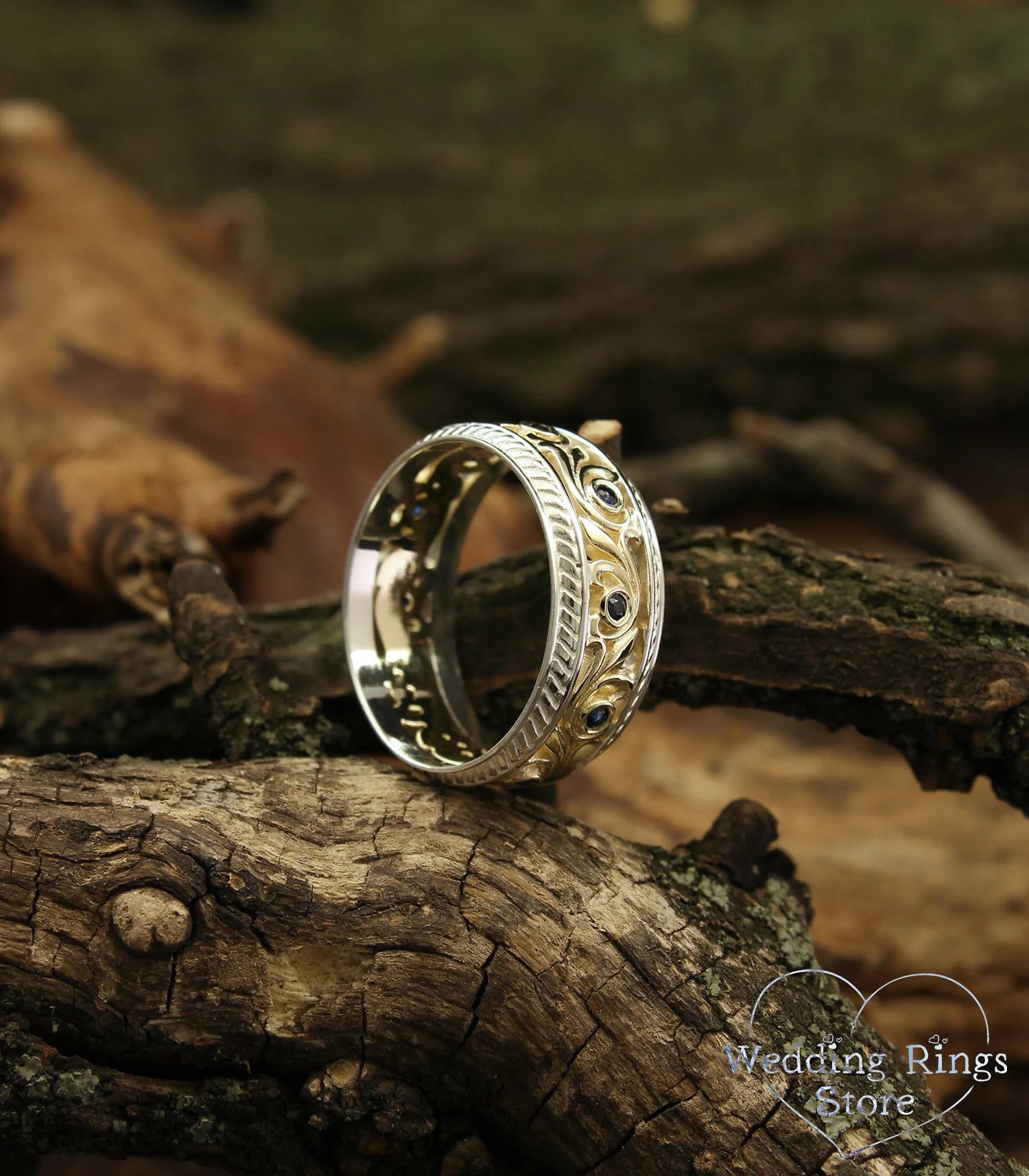 Vine and Sapphires Mixed metals Wedding Ring