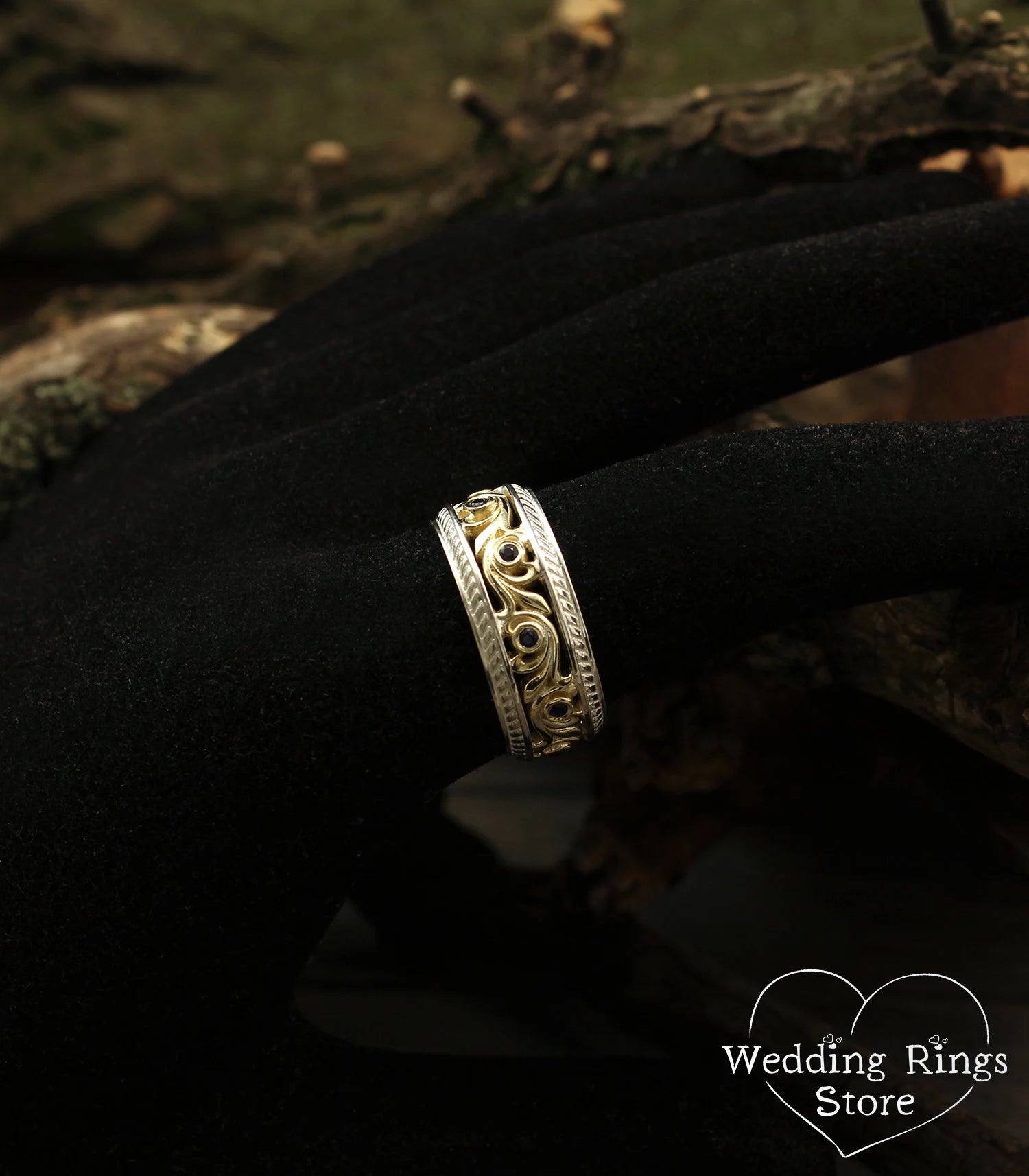 Vine and Sapphires Mixed metals Wedding Ring