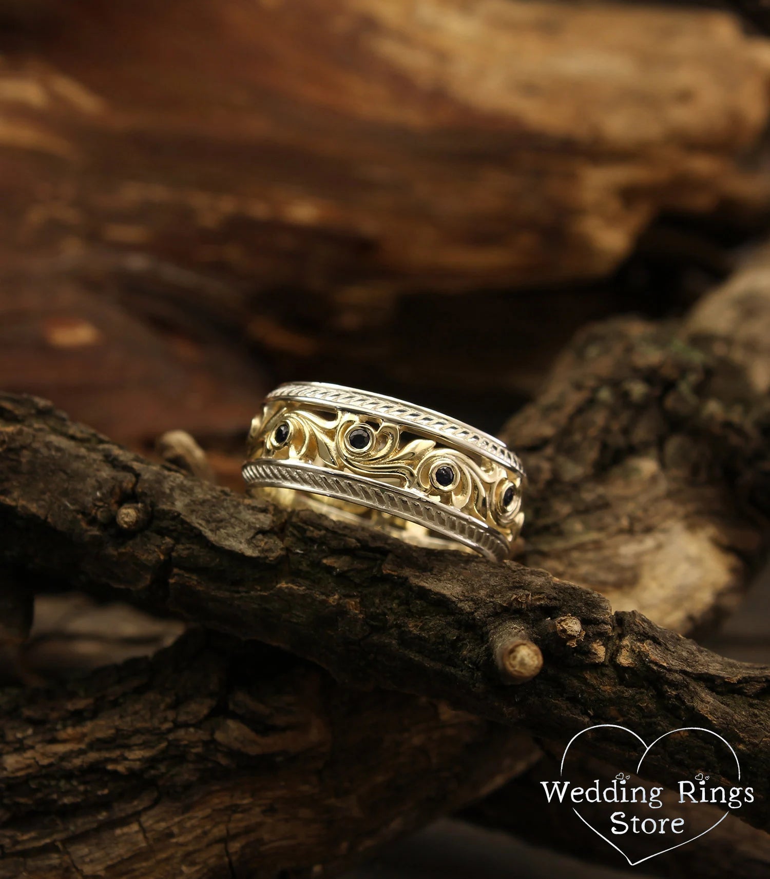 Vine and Sapphires Mixed metals Wedding Ring