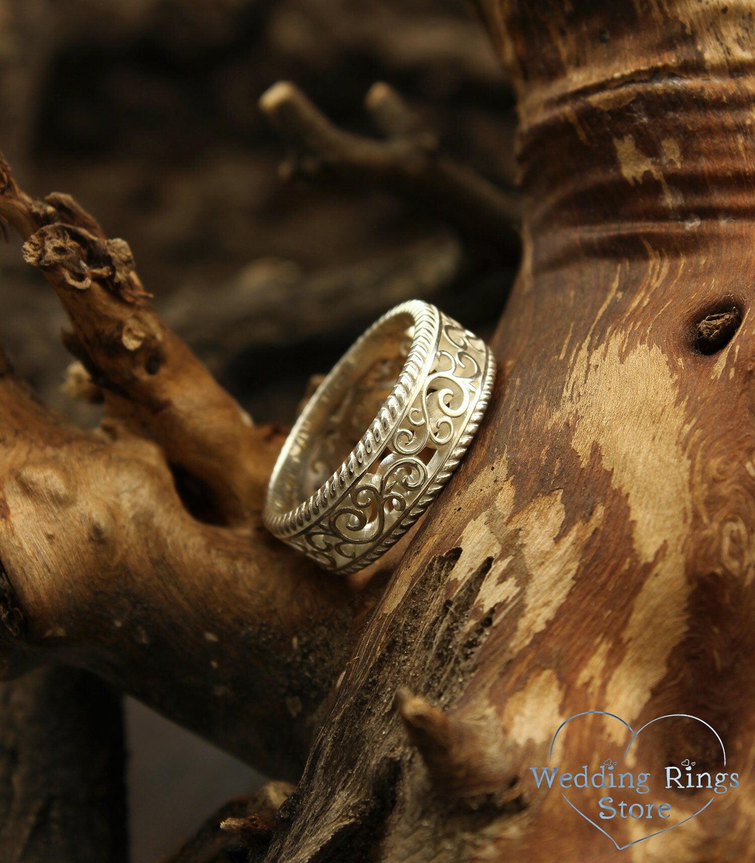 Vine and Filigree Unique Old-Fashioned Silver Wedding Ring