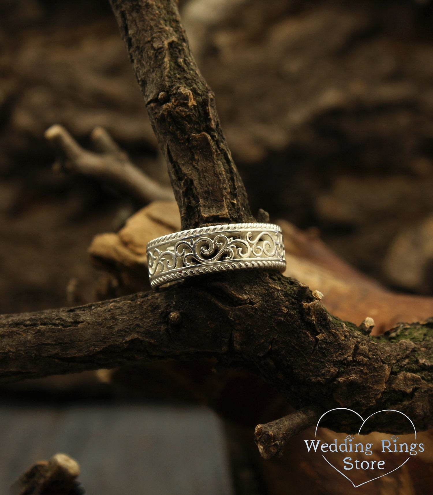 Vine and Filigree Unique Old-Fashioned Silver Wedding Ring