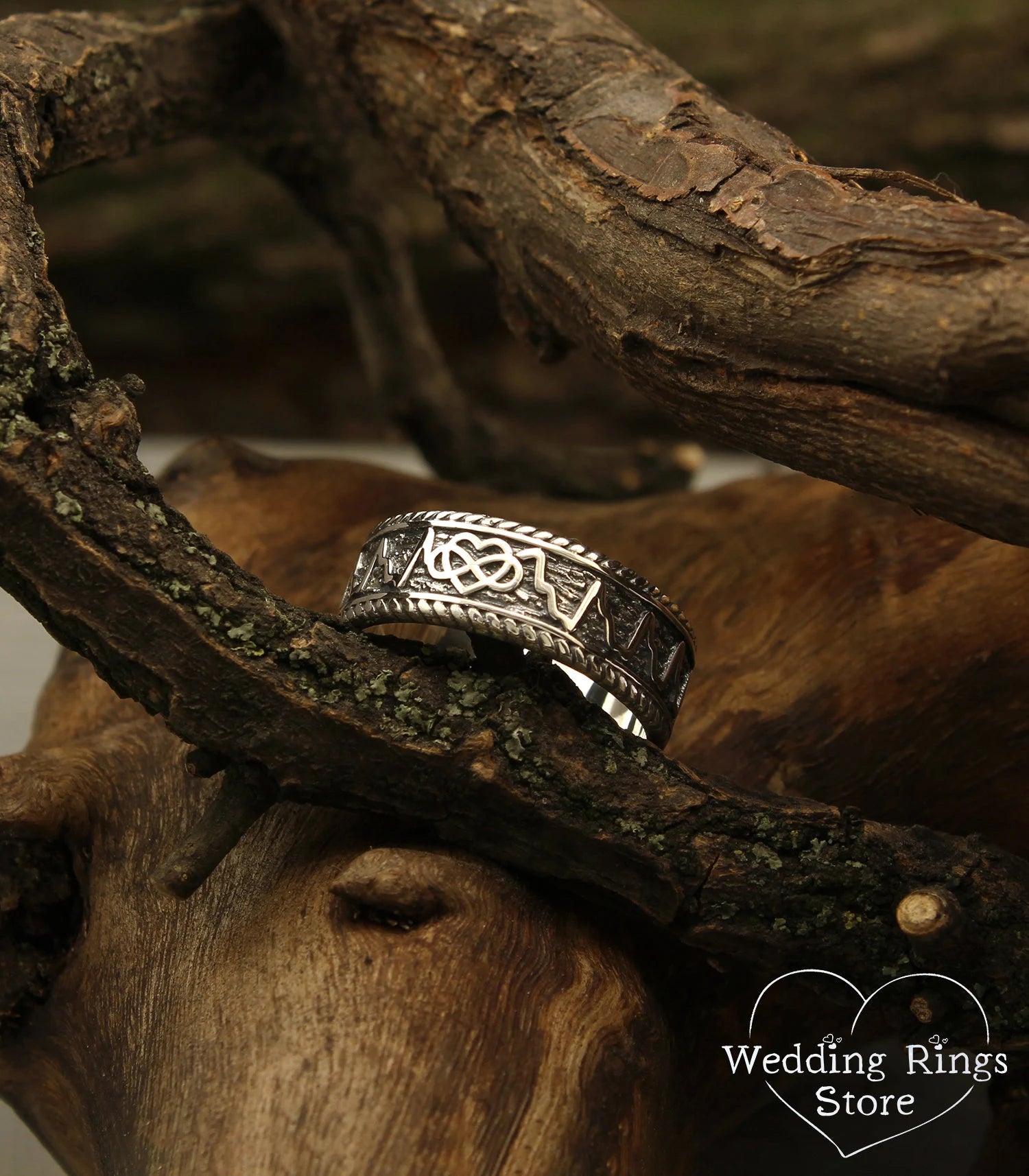 Heartbeat Wedding Band with Heart and infinity — Unique pulse Ring