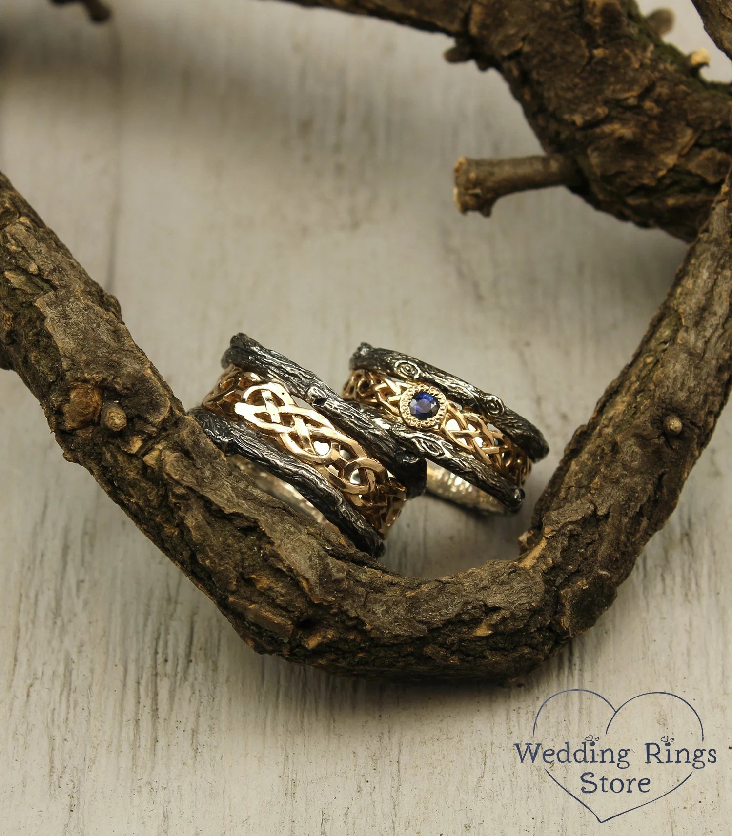 Celtic pattern and Tree bark matching Wedding Bands with Sapphire