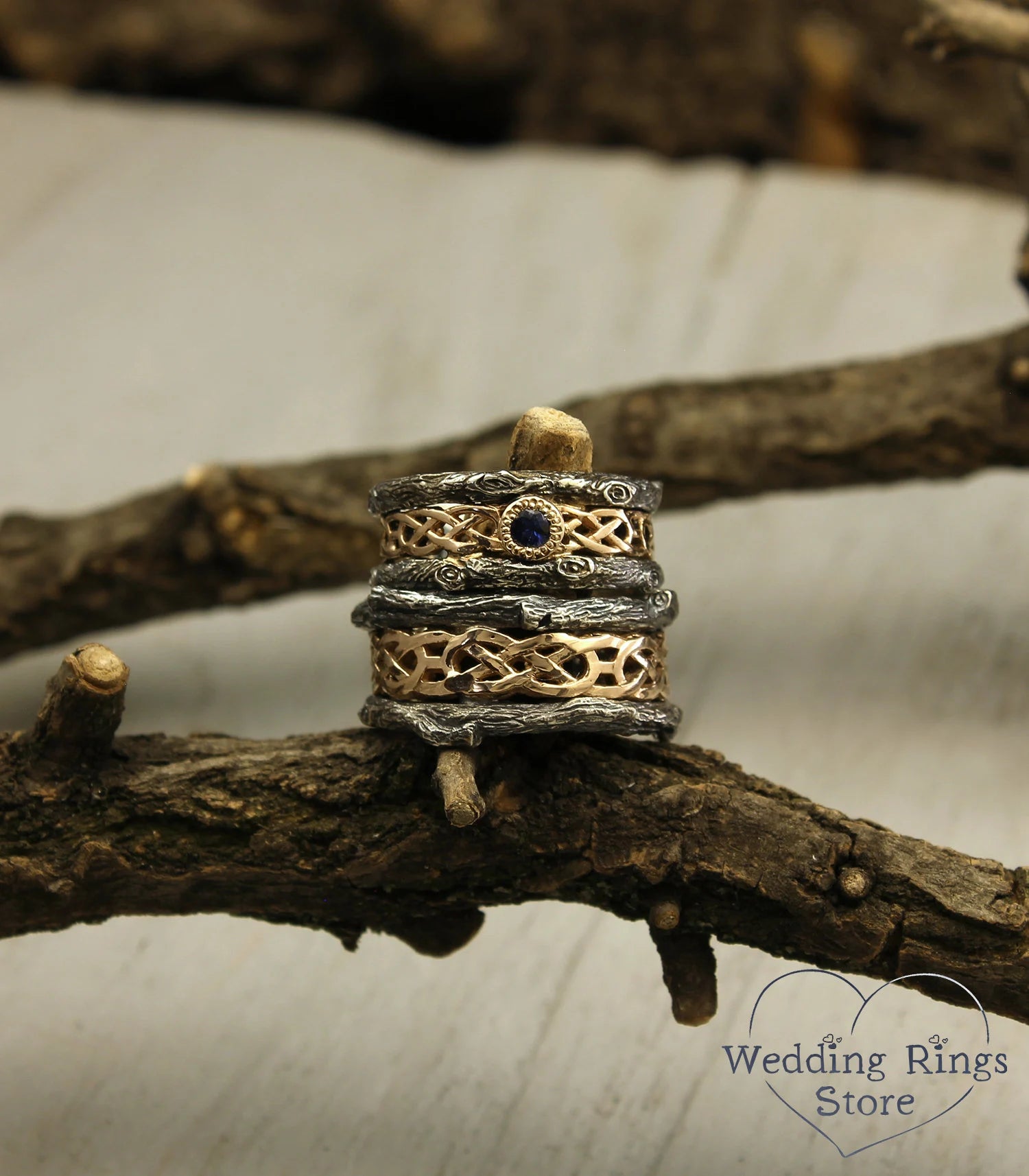 Celtic pattern and Tree bark matching Wedding Bands with Sapphire