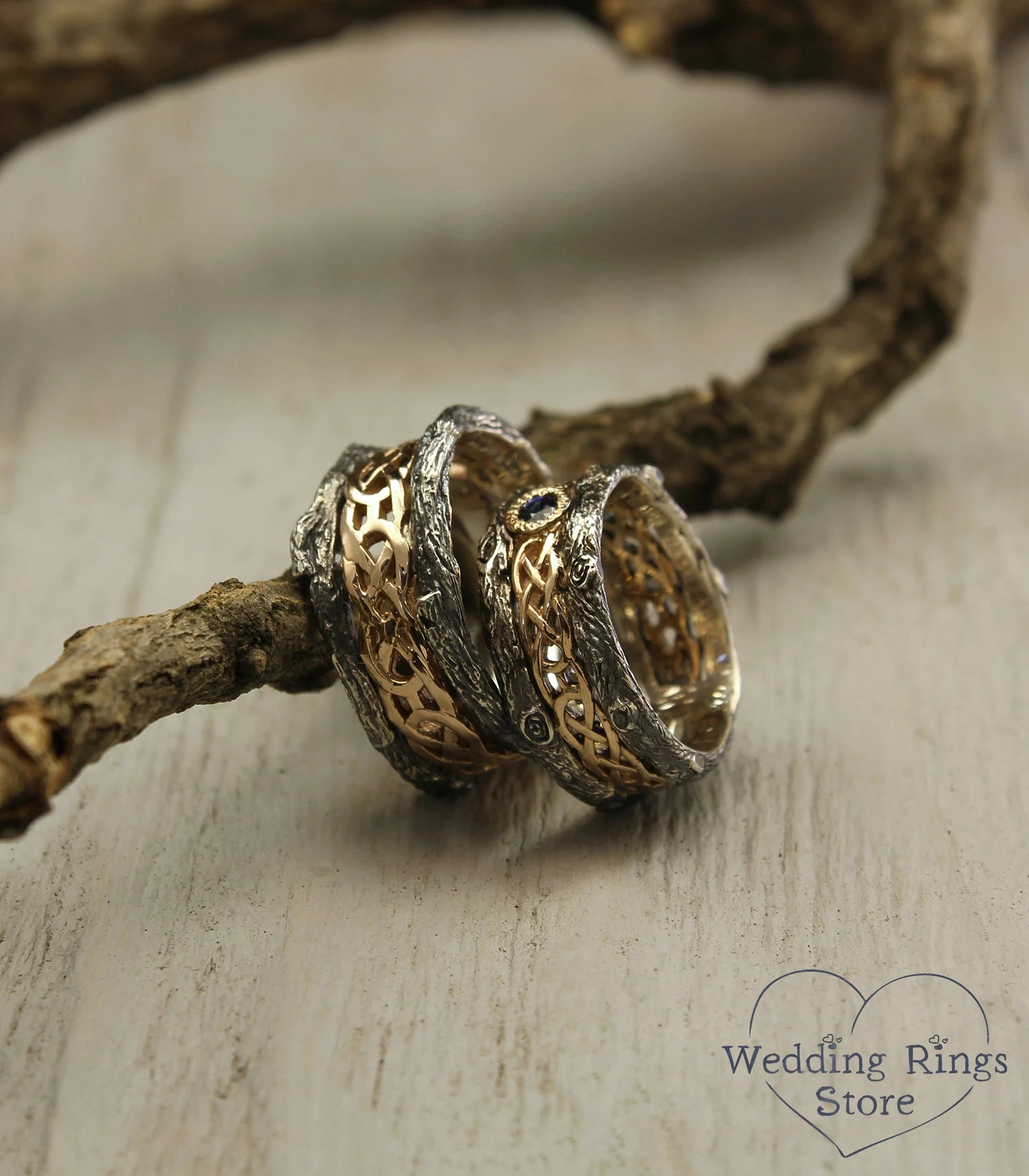 Celtic pattern and Tree bark matching Wedding Bands with Sapphire