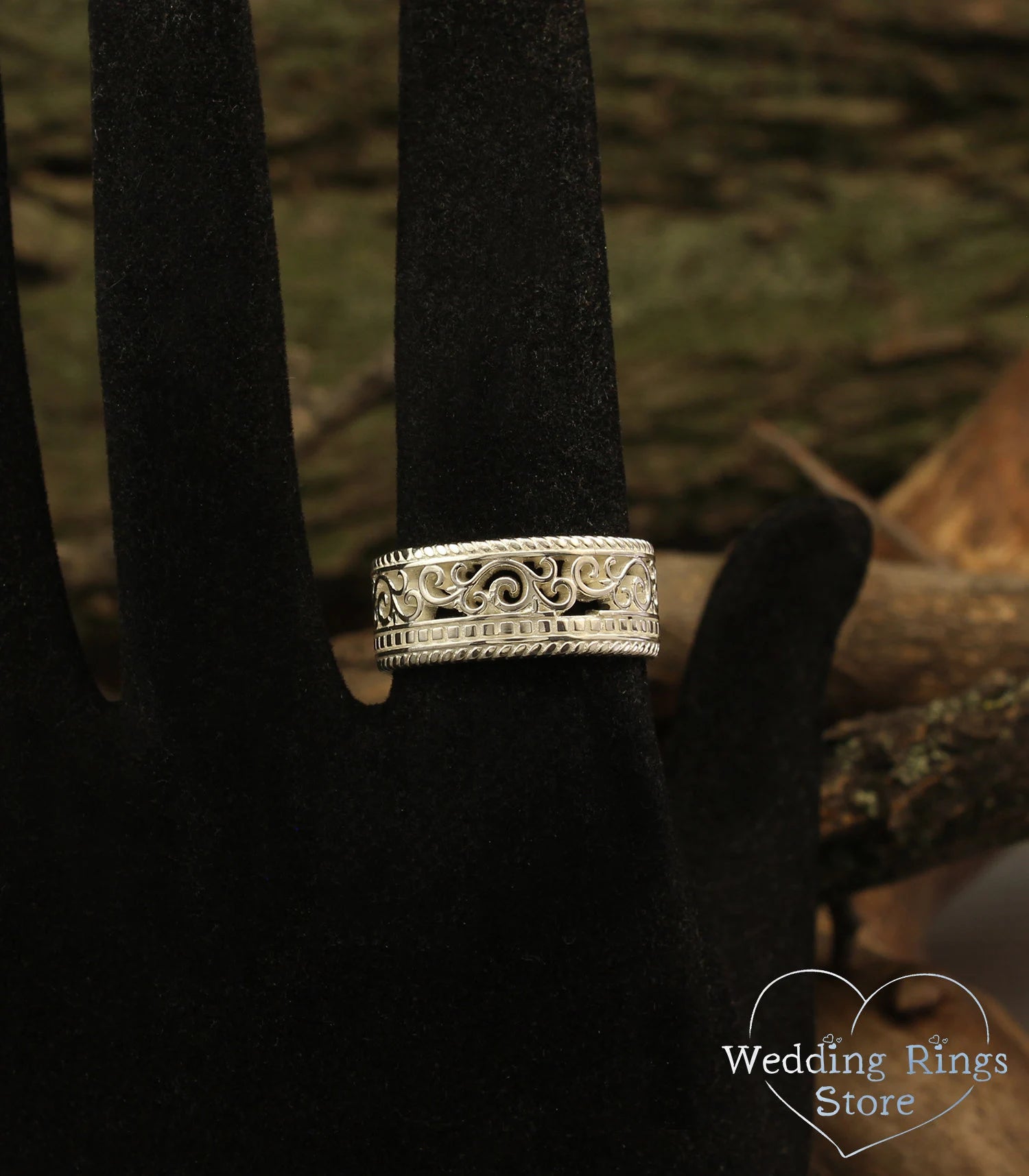 Men's Silver Vine and Filigree Wedding Band in Medieval style