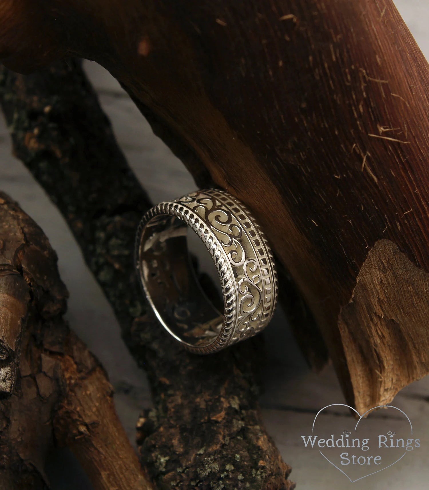 Men's Silver Vine and Filigree Wedding Band in Medieval style