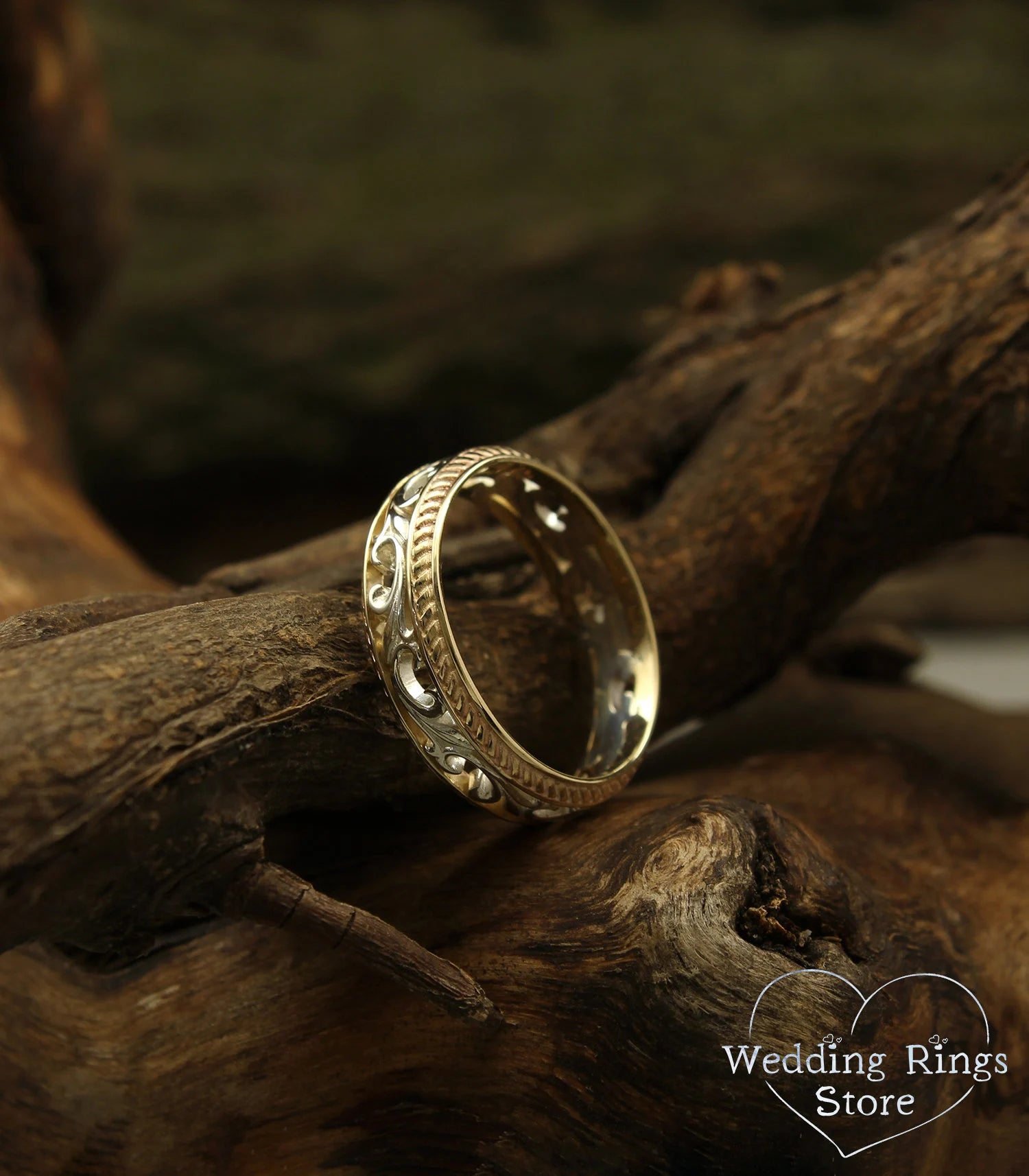 Vintage Vine and Filigree Wedding Band in Silver and 14k Yellow Gold