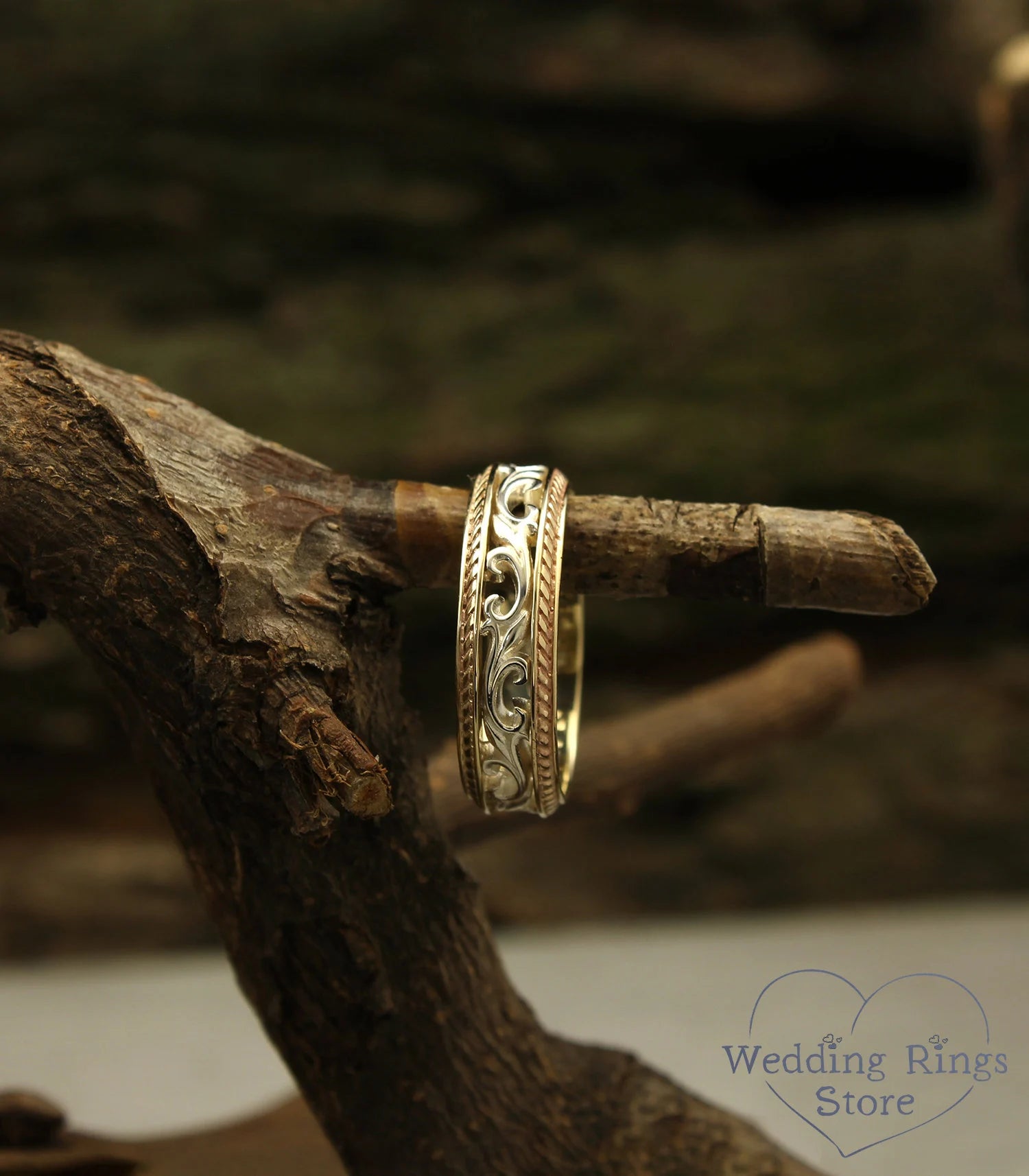 Vintage Vine and Filigree Wedding Band in Silver and 14k Yellow Gold