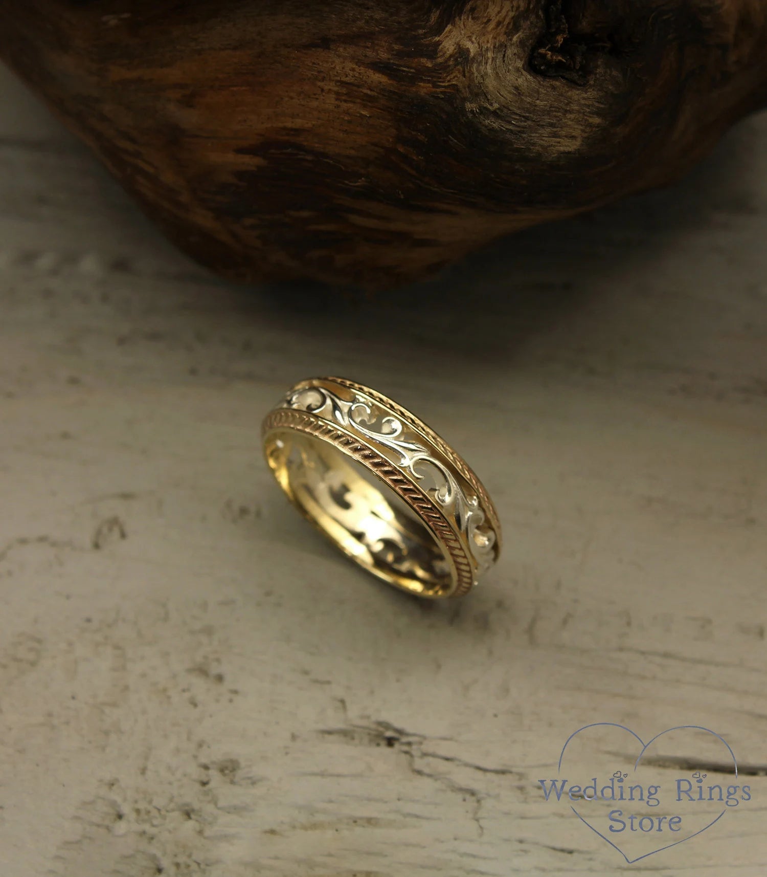 Vintage Vine and Filigree Wedding Band in Silver and 14k Yellow Gold