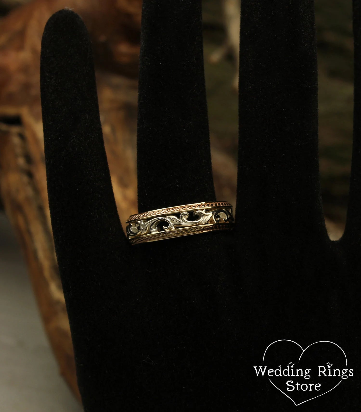 Vintage Vine and Filigree Wedding Band in Silver and 14k Yellow Gold