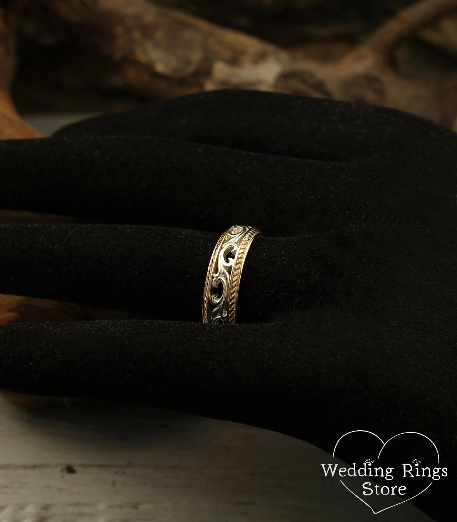 Vintage Vine and Filigree Wedding Band in Silver and 14k Yellow Gold