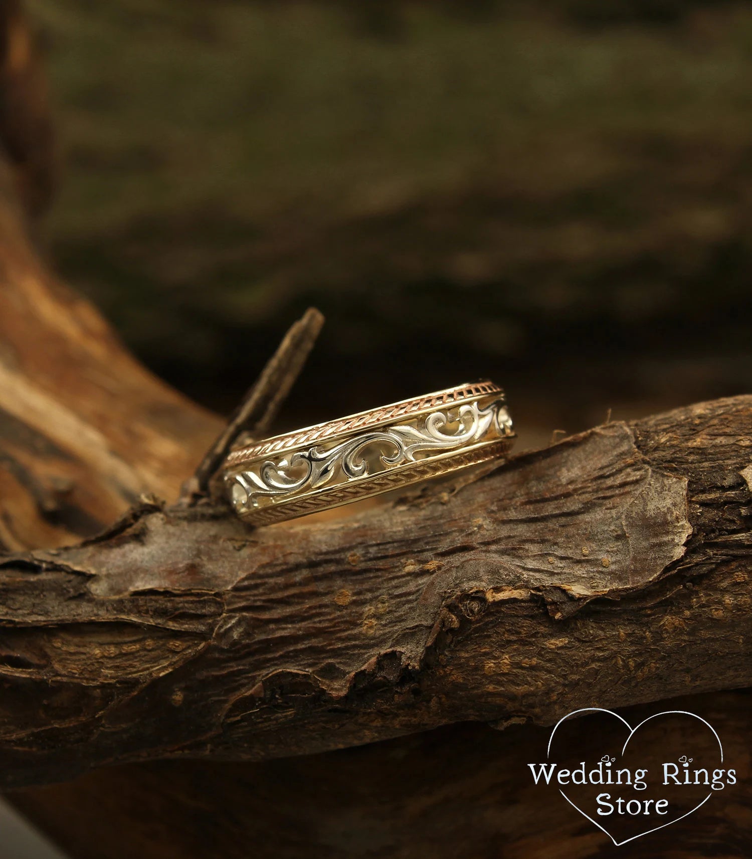 Vintage Vine and Filigree Wedding Band in Silver and 14k Yellow Gold