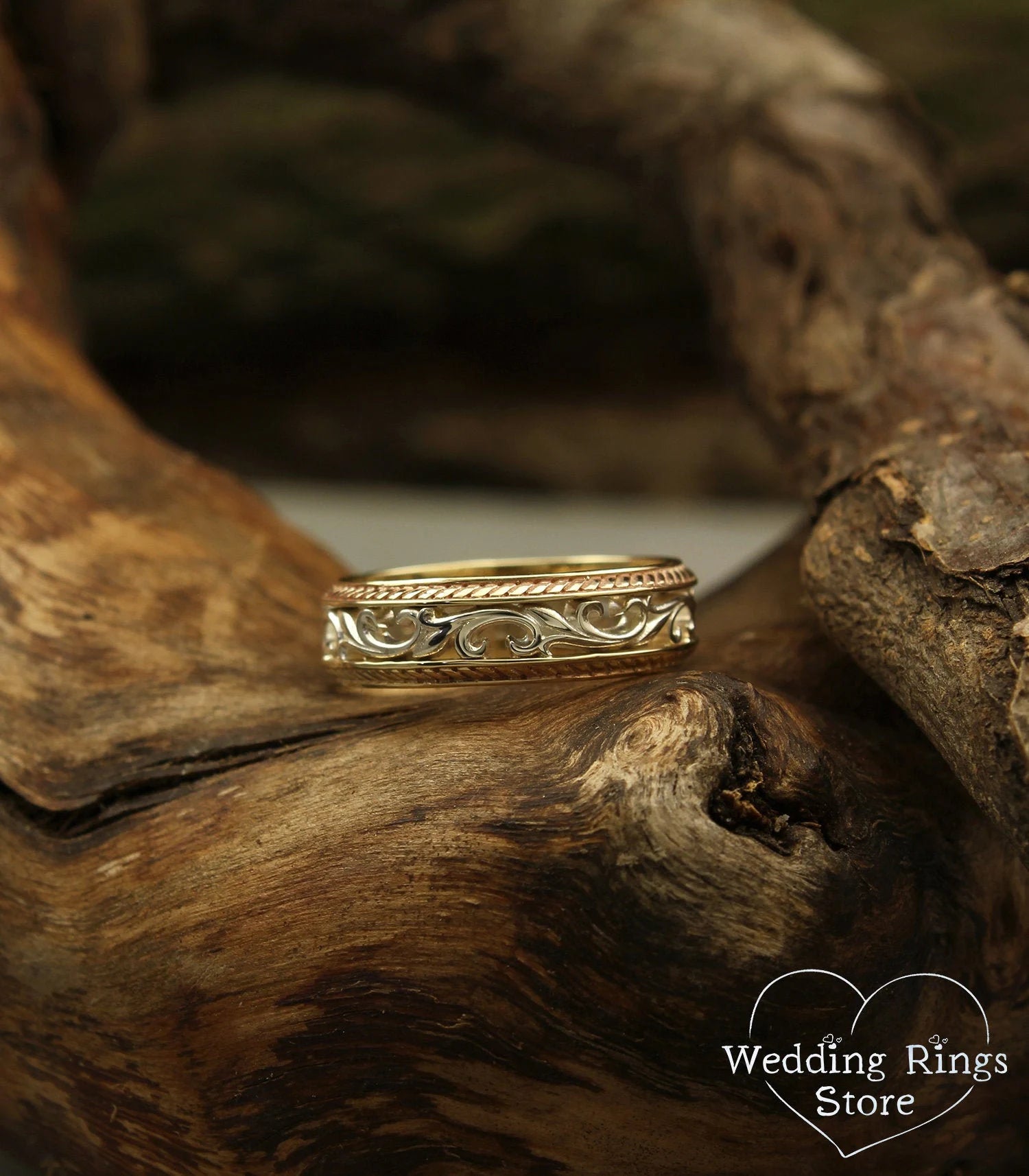 Vintage Vine and Filigree Wedding Band in Silver and 14k Yellow Gold