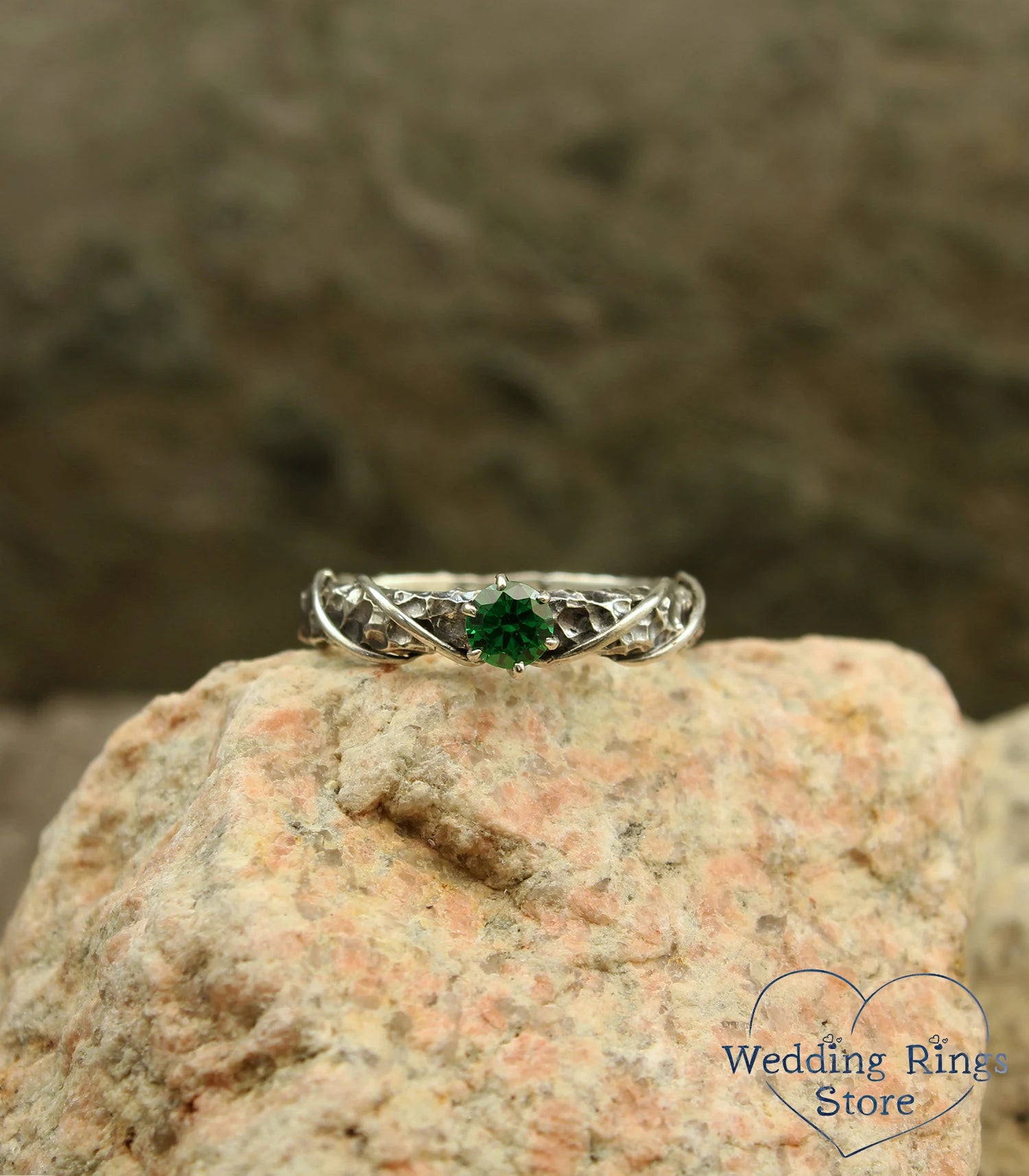 Unique Hammered Silver Emerald Engagement Ring